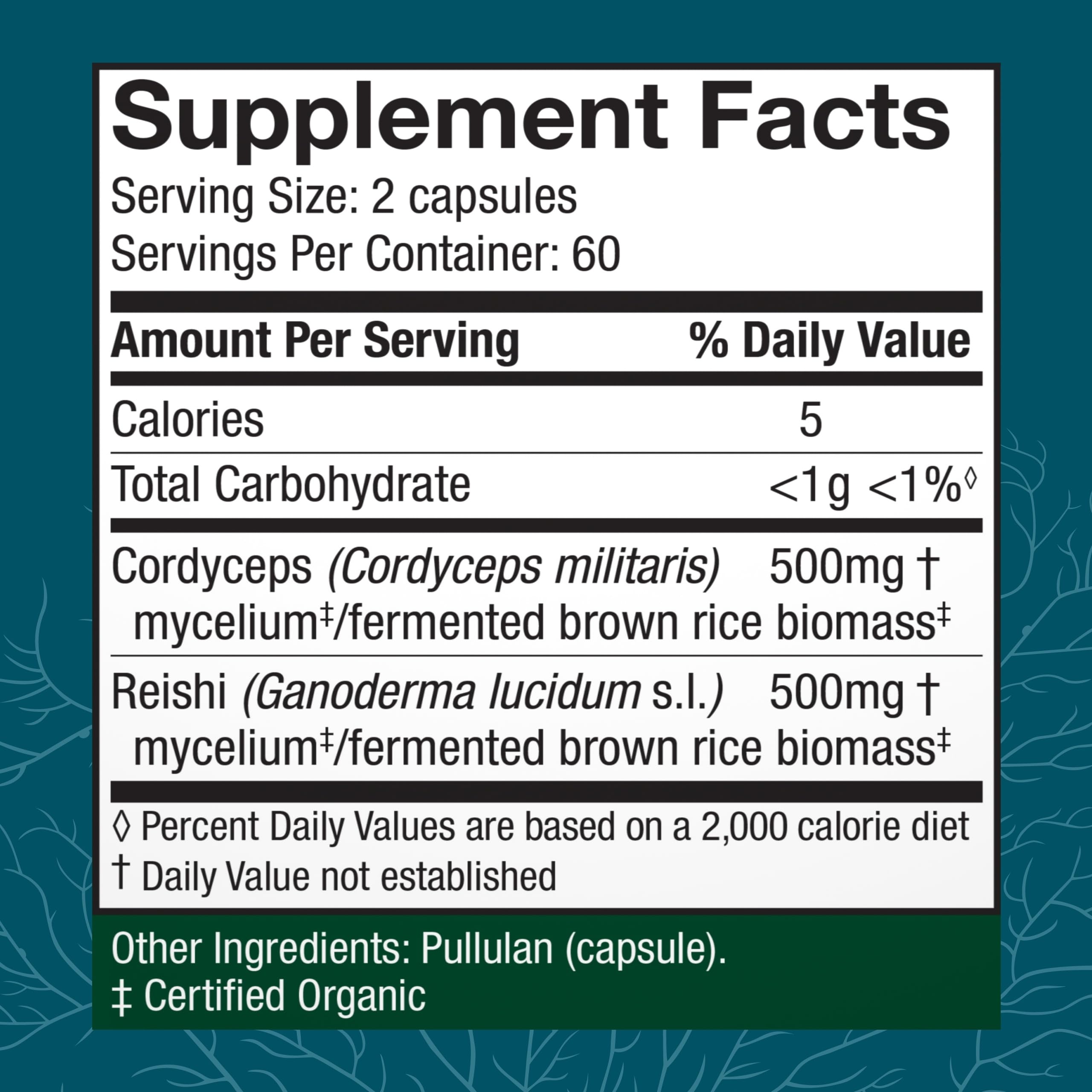 Host Defense Mushroom Capsules back view with ingredients