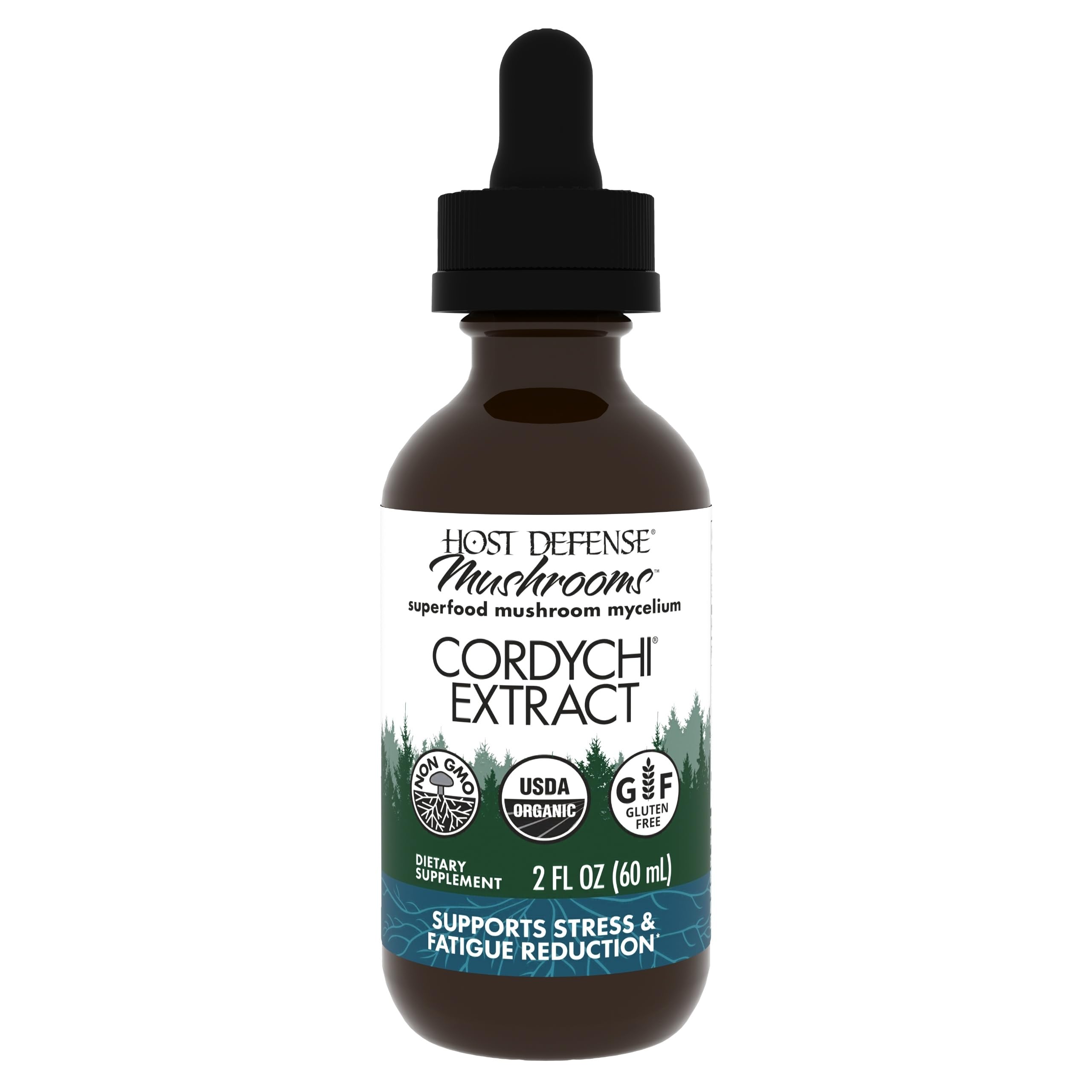 Host Defense Mushroom Extract Supplement front view with dropper