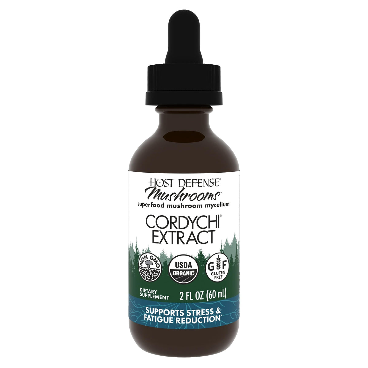 Host Defense Mushroom Extract Supplement front view with dropper