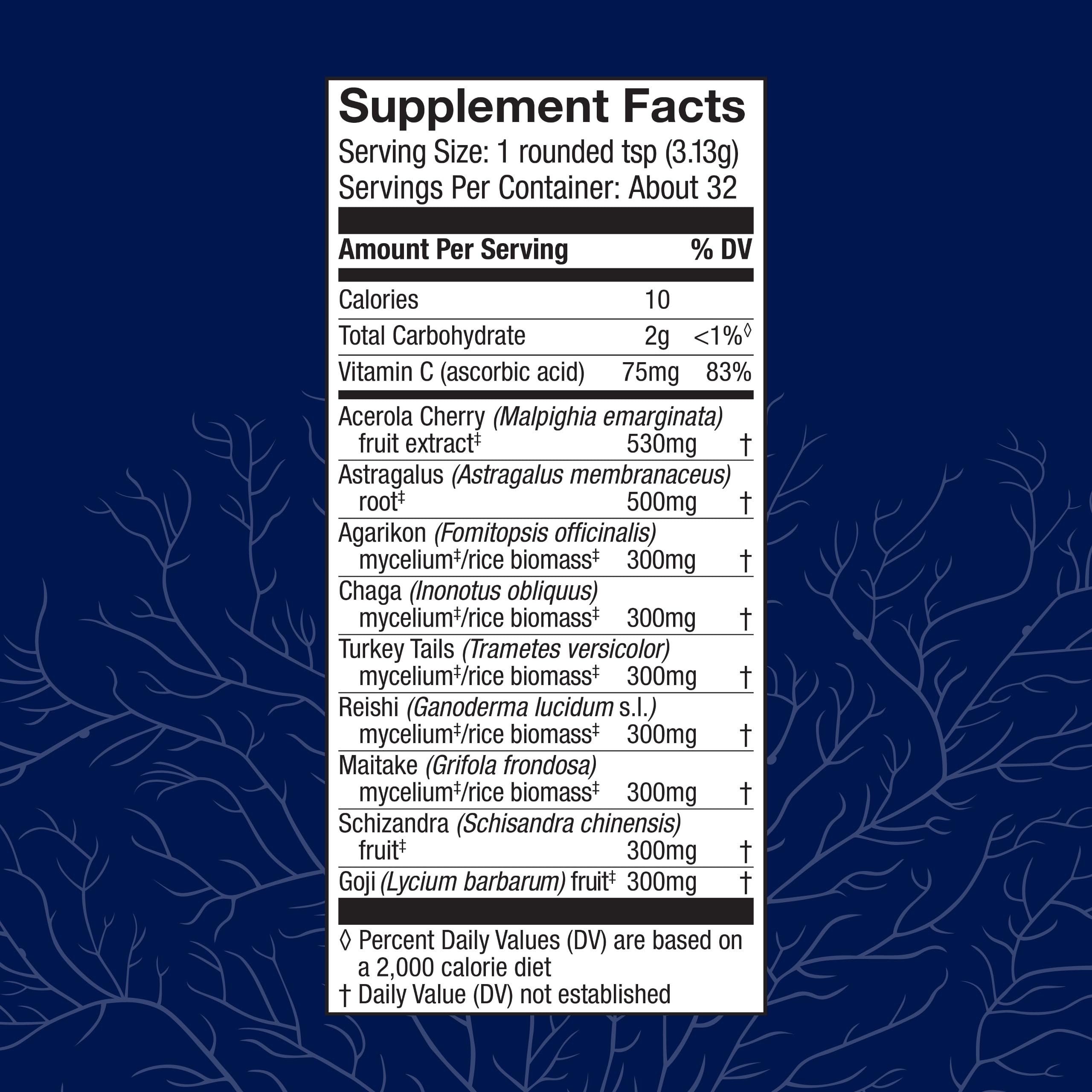Host Defense Mushroom Powder Supplement showing ingredients list