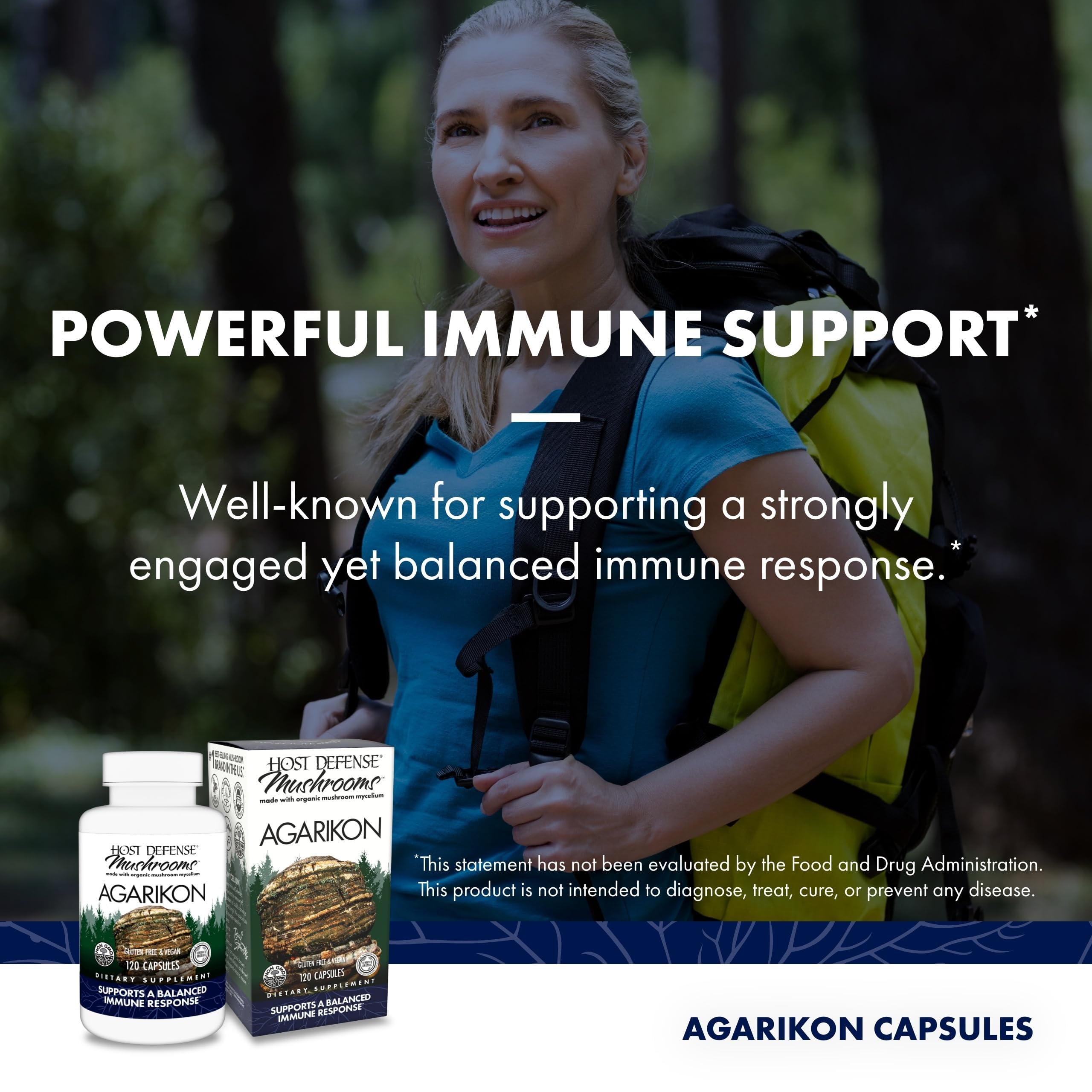 Host Defense Mushroom Supplement 118g capsules on a table