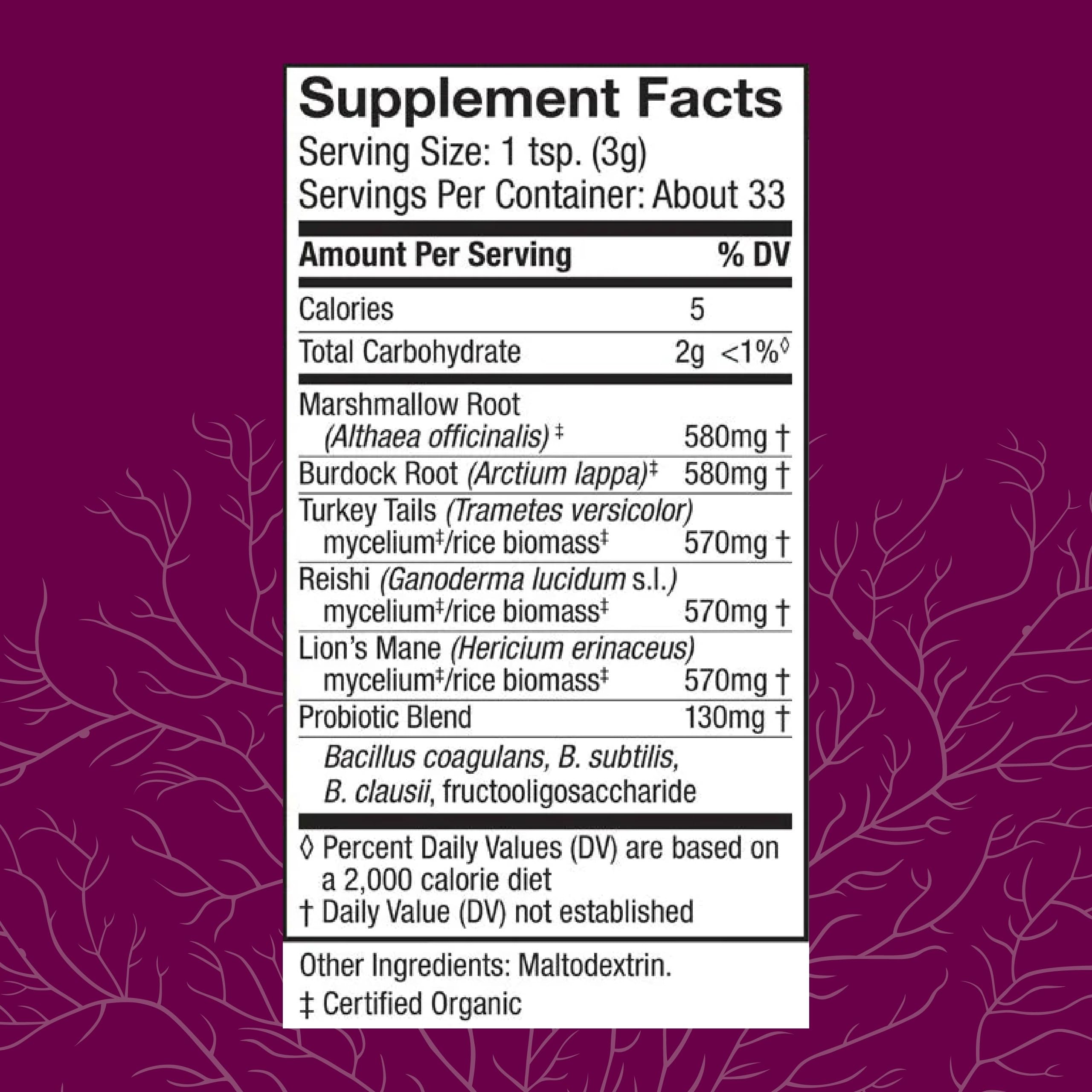 Host Defense Mushroom Supplement 136g back view with ingredient list