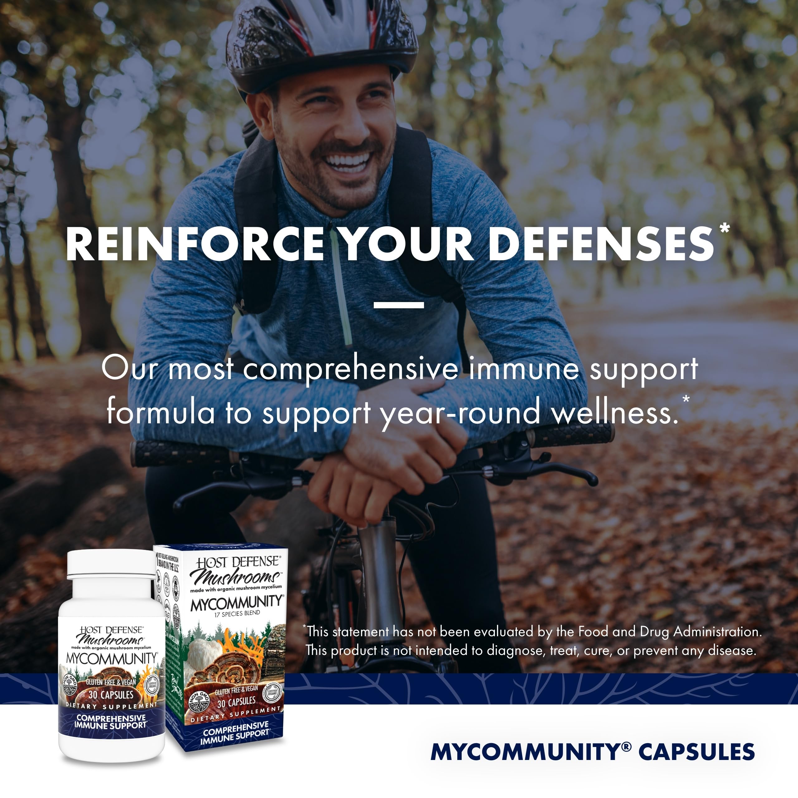 Host Defense Mushroom Supplement 17-Species capsules in a hand