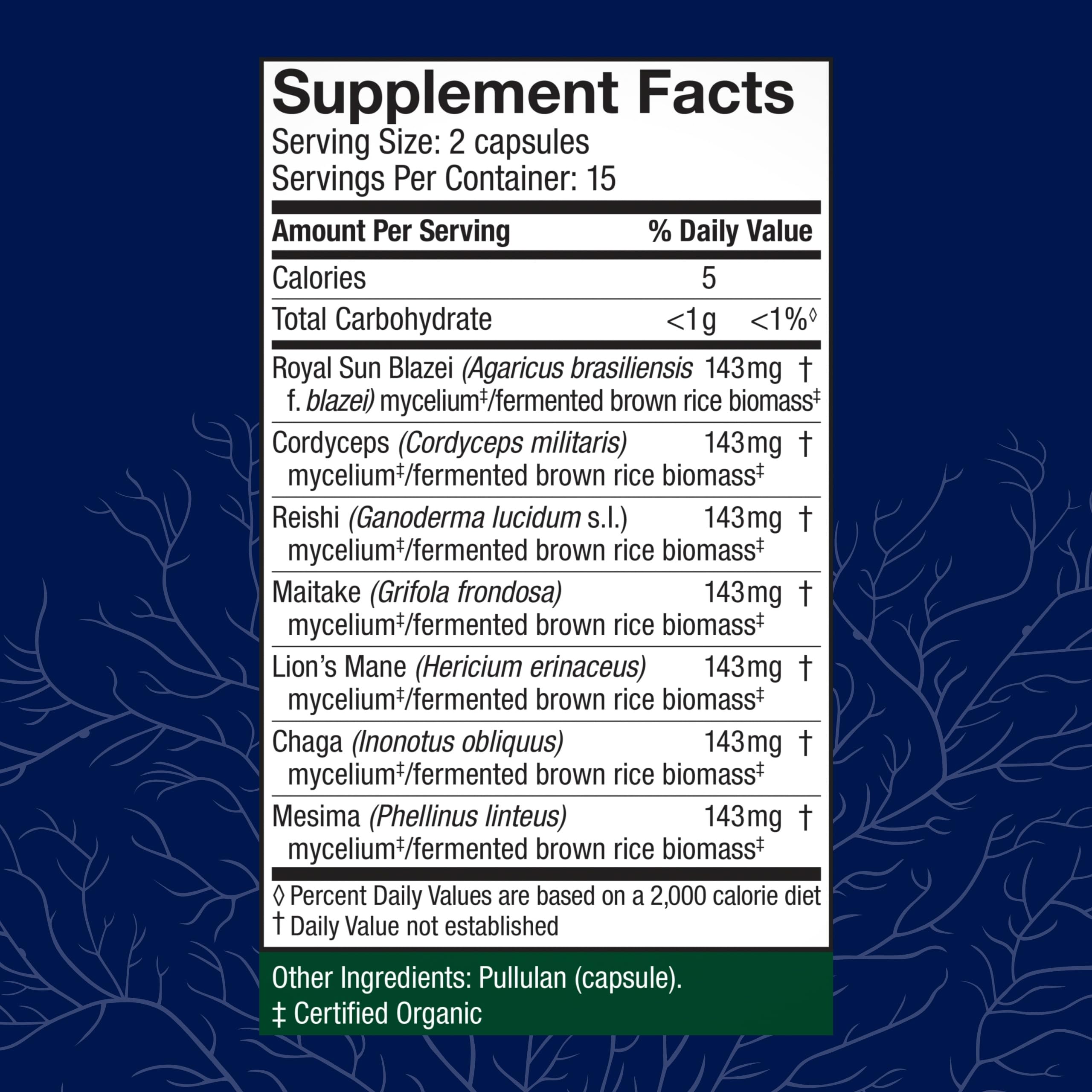 Host Defense Mushroom Supplement 7-Species back view with ingredient list