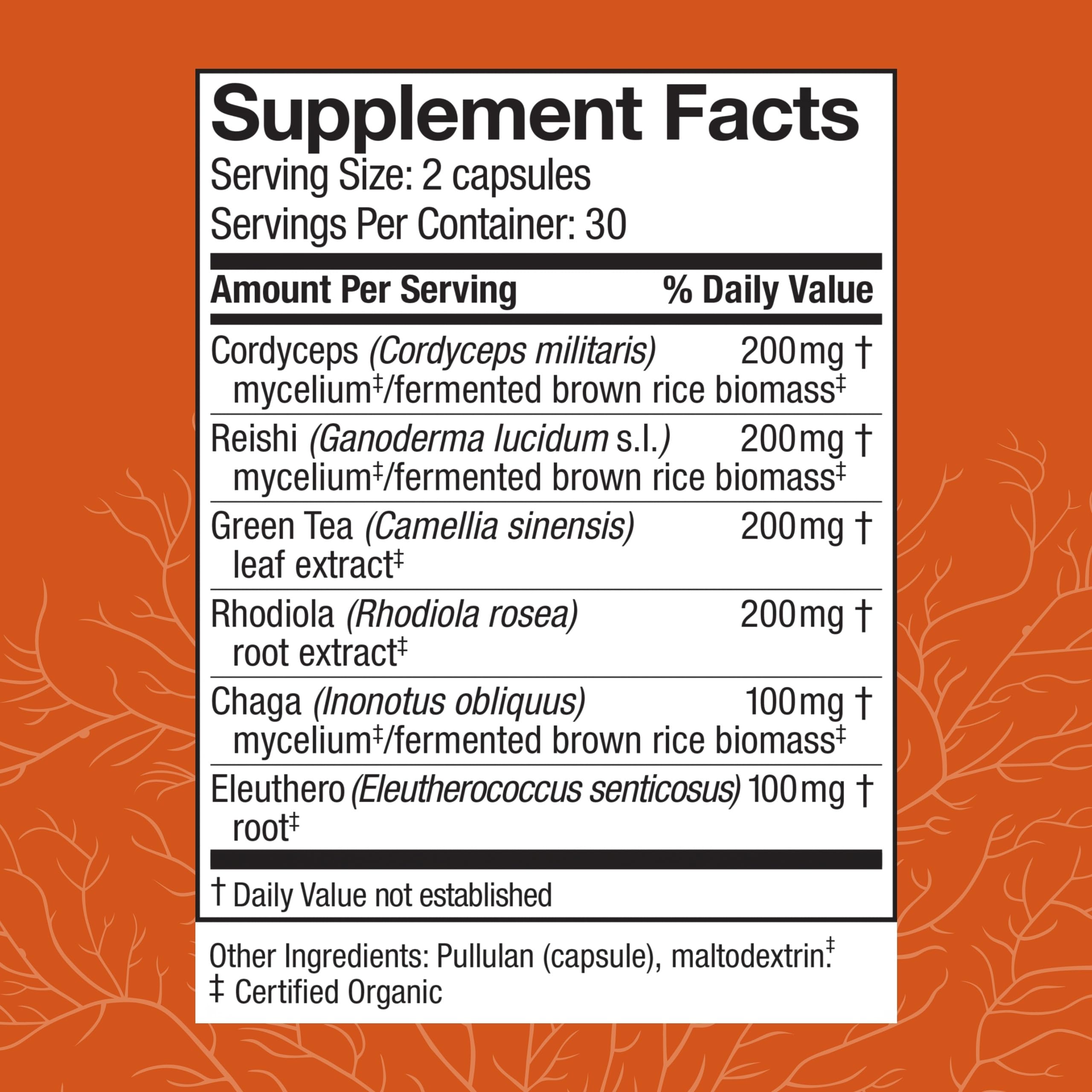Host Defense Mushroom Supplement side view showing ingredients