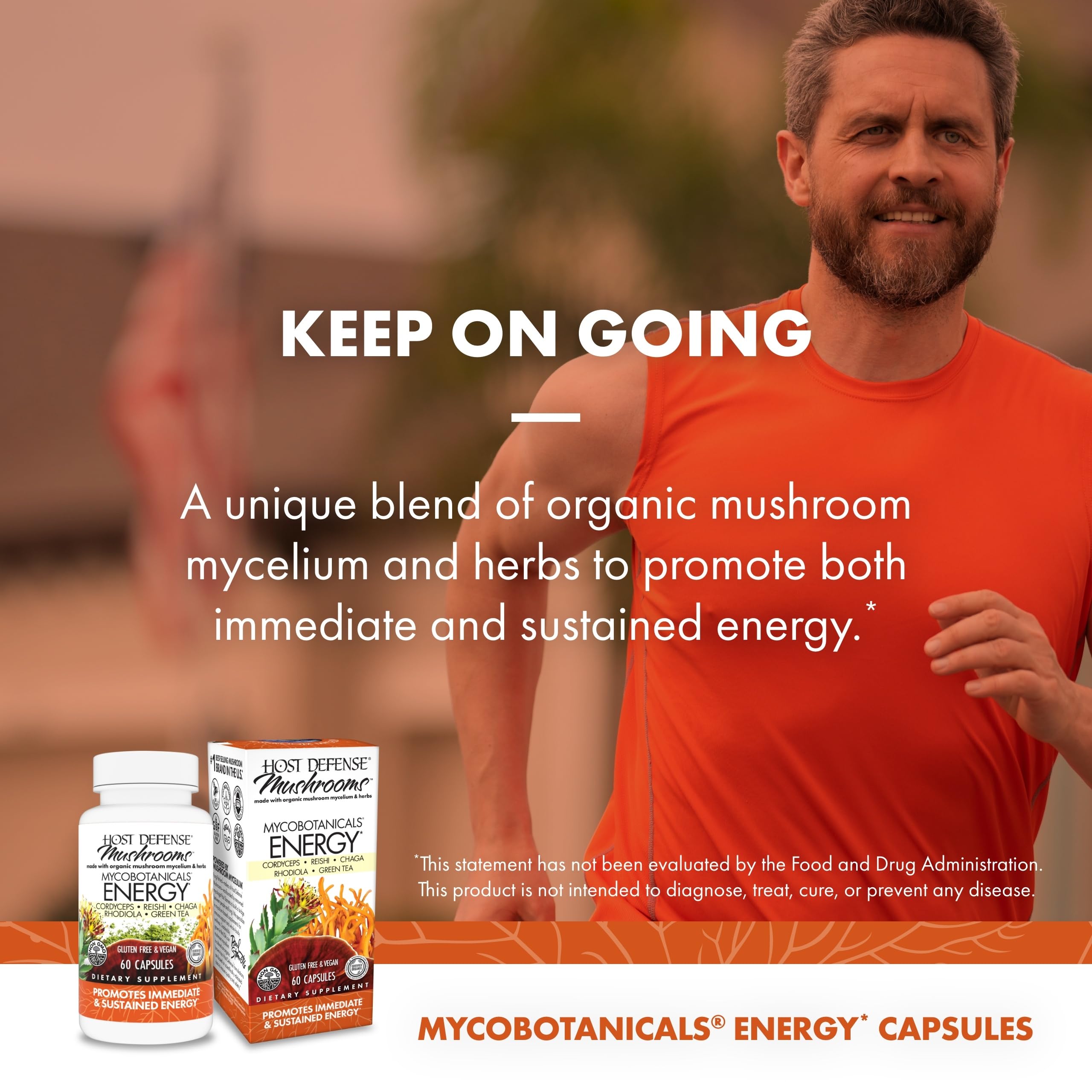 Host Defense Mushroom Supplement with mushrooms background