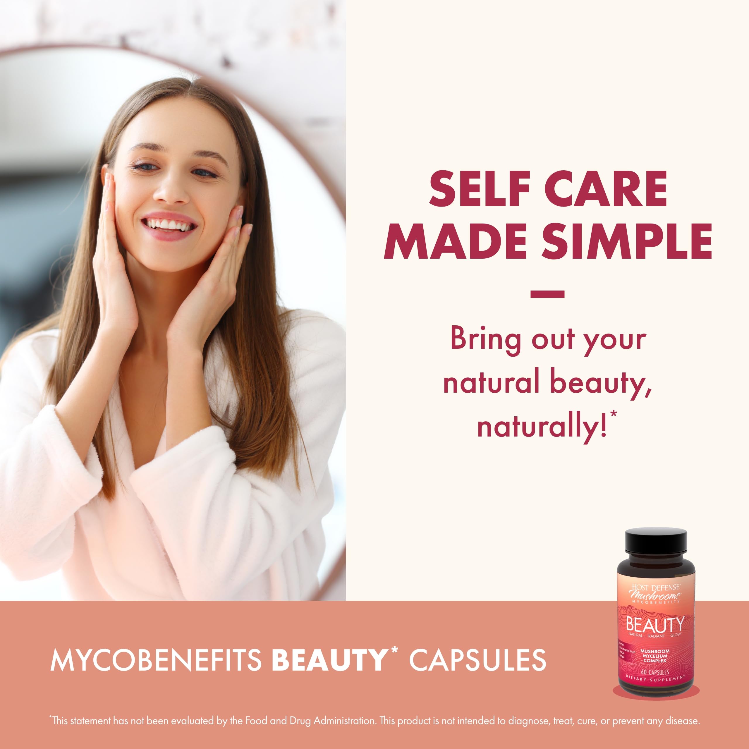 Host Defense MycoBenefits Beauty Mushroom Supplement capsules on a table