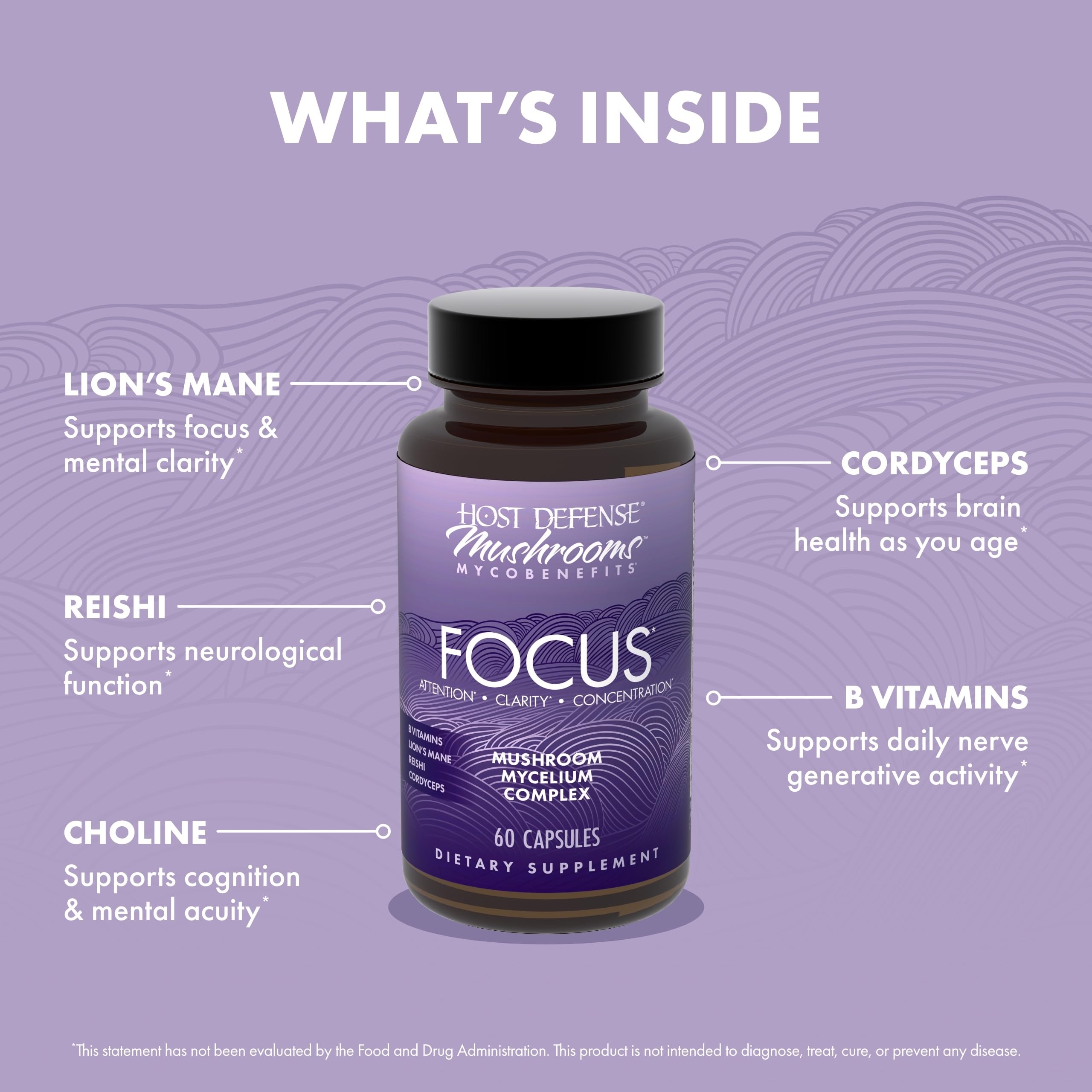 Host Defense MycoBenefits Focus Mushroom Supplement label close-up