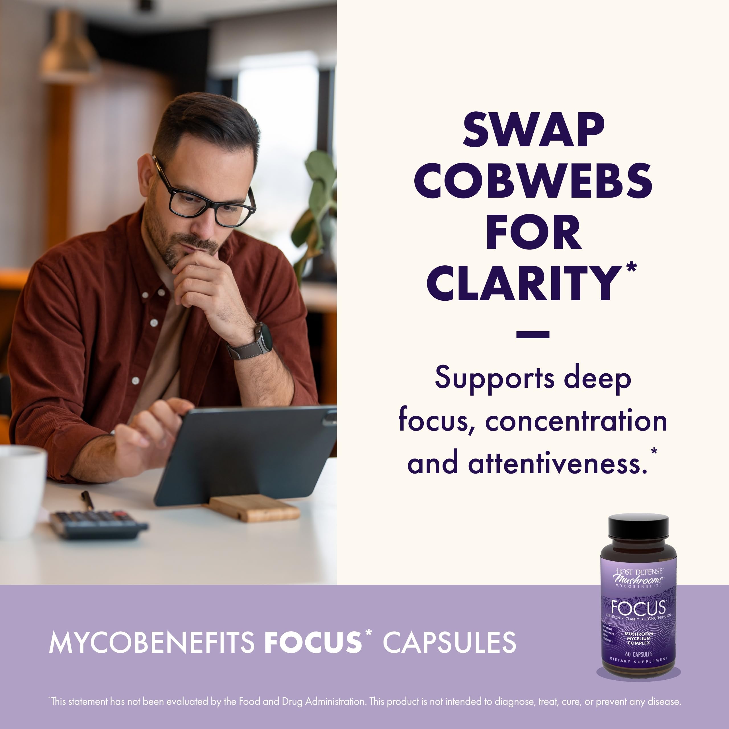 Host Defense MycoBenefits Focus Mushroom Supplement with natural background