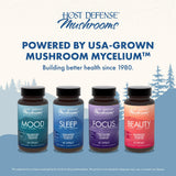 Host Defense MycoBenefits Sleep Mushroom Supplement alongside herbal tea