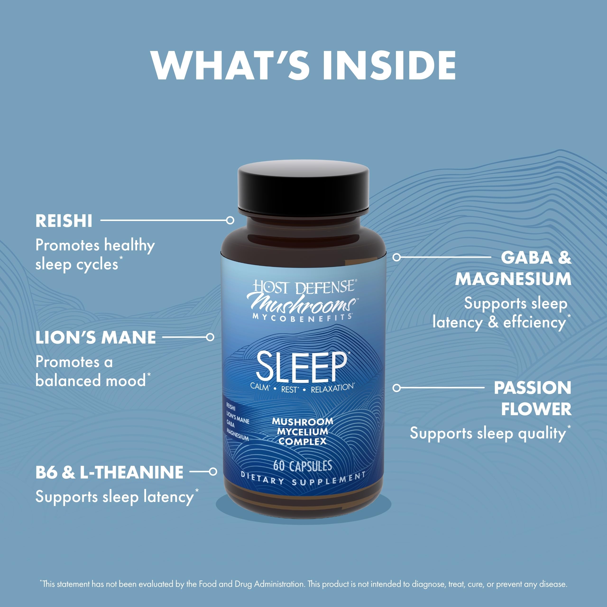 Host Defense MycoBenefits Sleep Mushroom Supplement on a wooden table