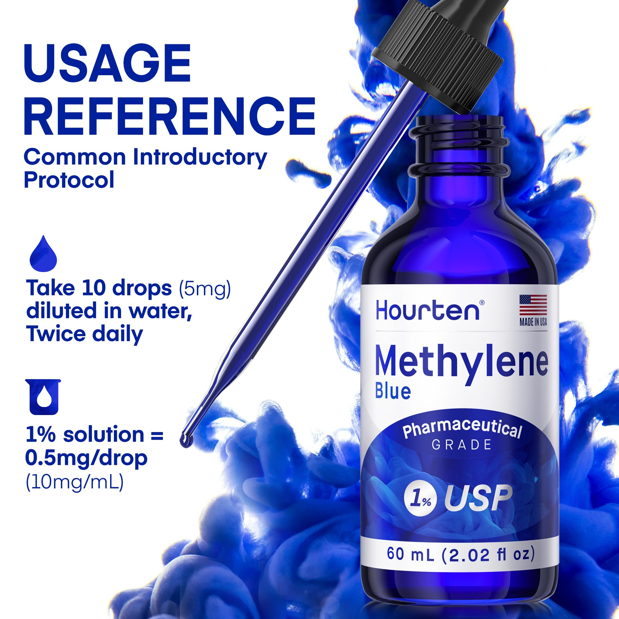 Hourten Methylene Blue Solution 1% USP Grade side view
