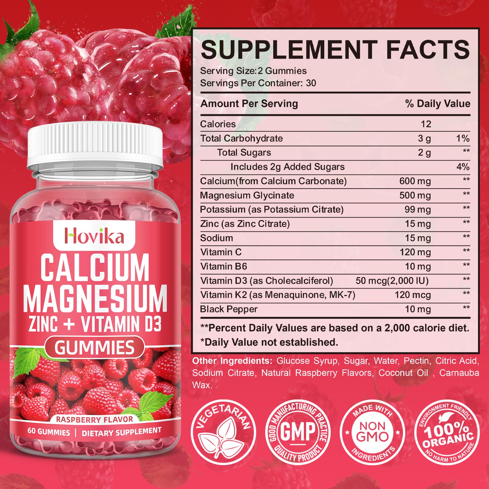 Hovika Calcium Magnesium Zinc Gummies 200g raspberry flavour