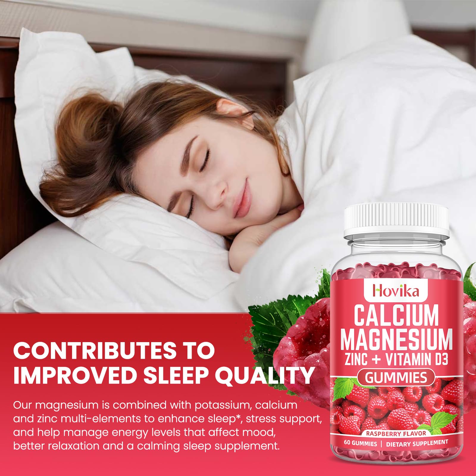 Hovika Calcium Magnesium Zinc Gummies 200g with fresh raspberries