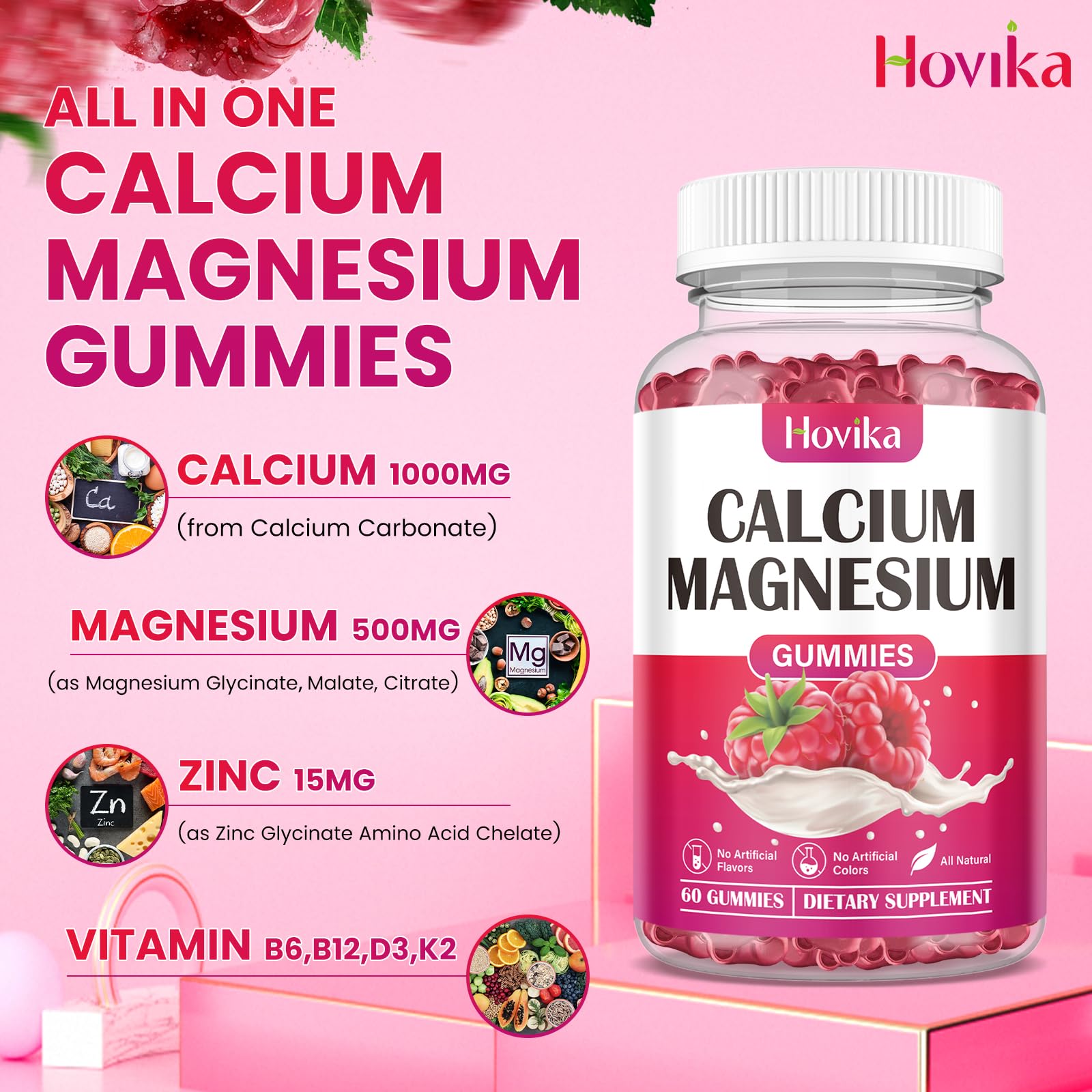 Hovika Calcium Magnesium Zinc Gummies bottle side view