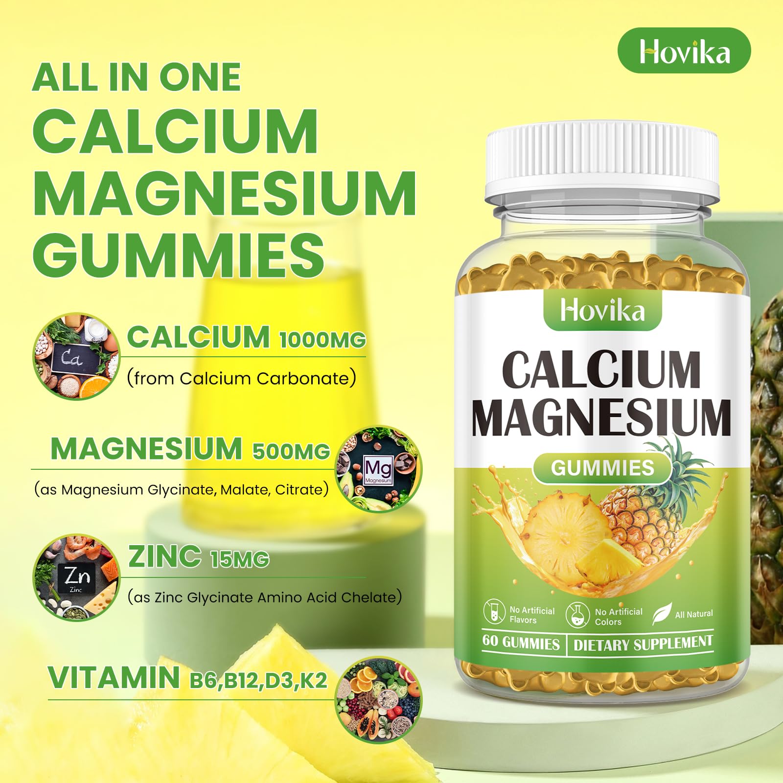 Hovika Calcium Magnesium Zinc Gummies pineapple flavour close-up