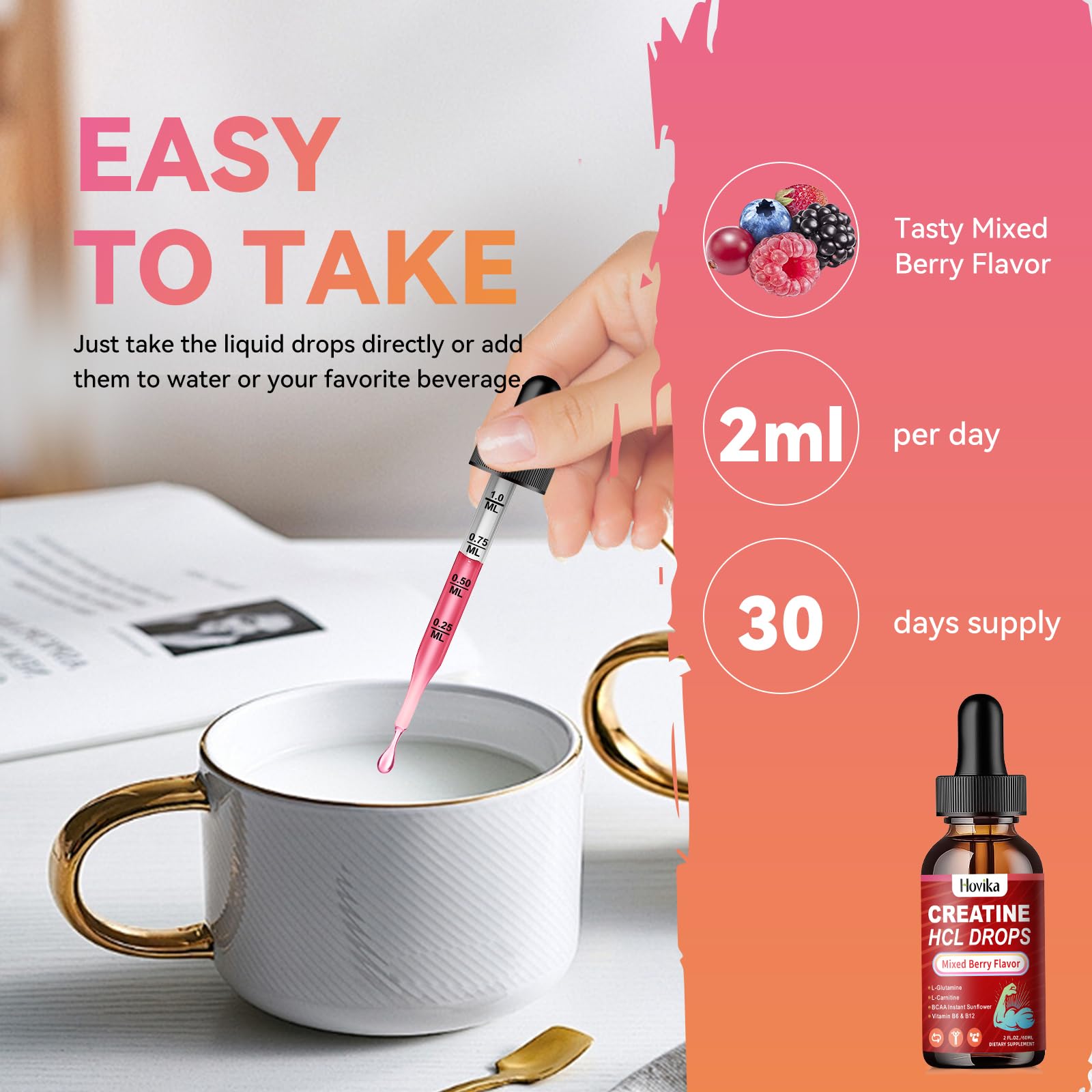 Hovika Creatine HCL Liquid Drops in a glass of water