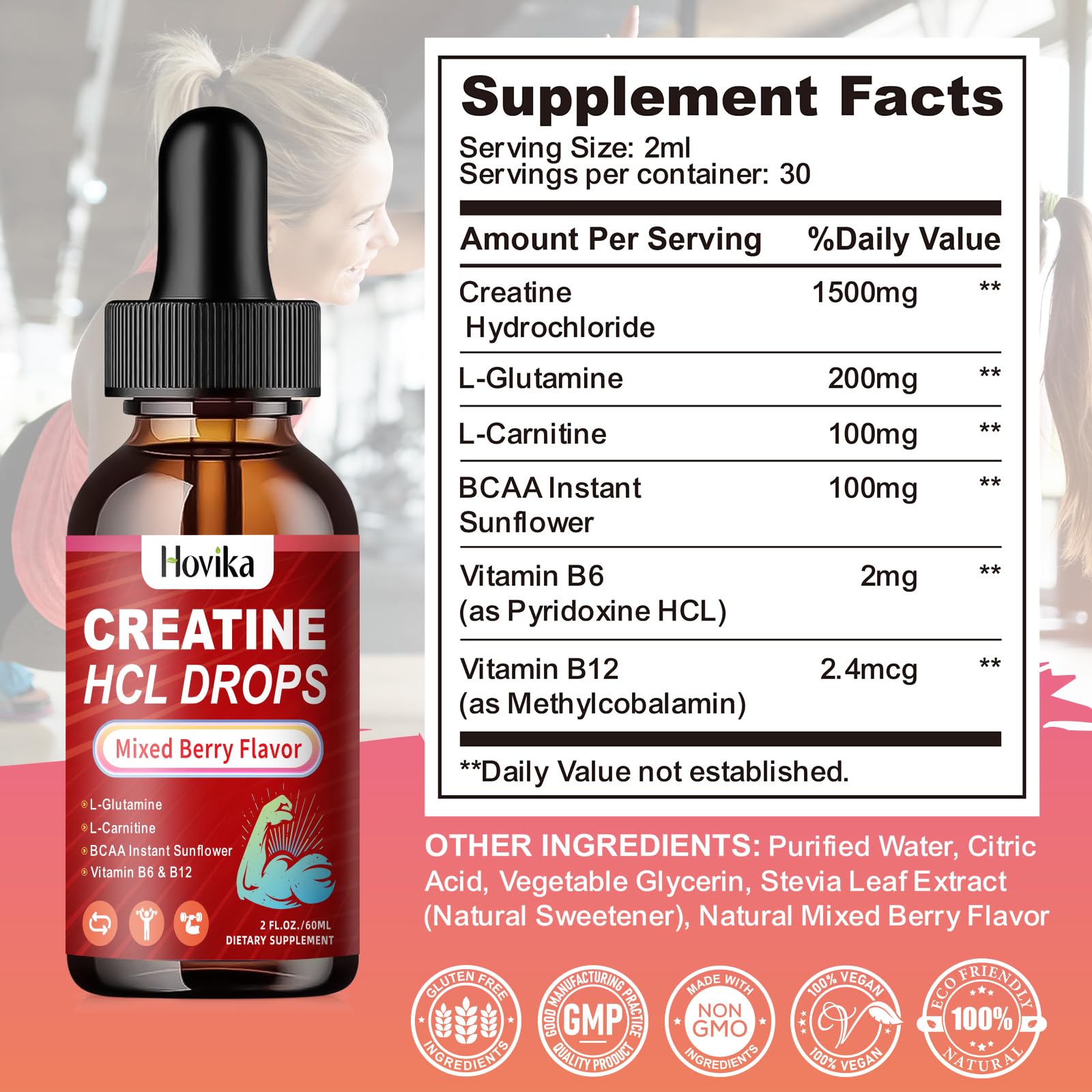 Hovika Creatine HCL Liquid Drops with fitness accessories