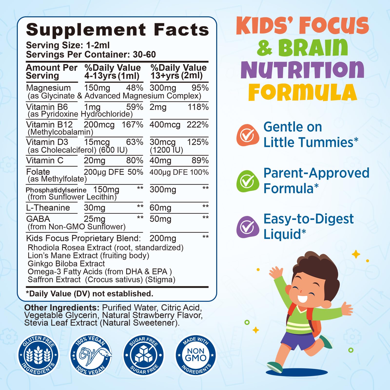 Hovika Focus Vitamins for Kids liquid drops with educational materials