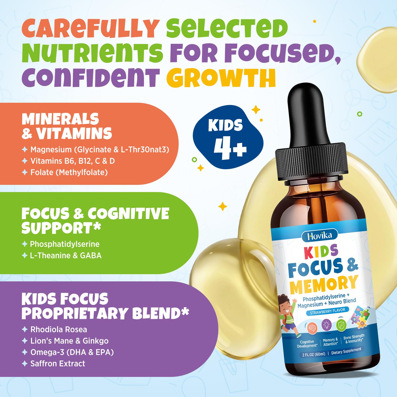 Hovika Focus Vitamins for Kids liquid drops with ingredients list