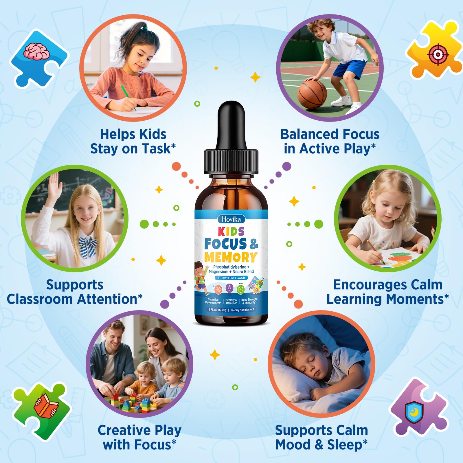 Hovika Focus Vitamins for Kids strawberry flavour liquid in dropper