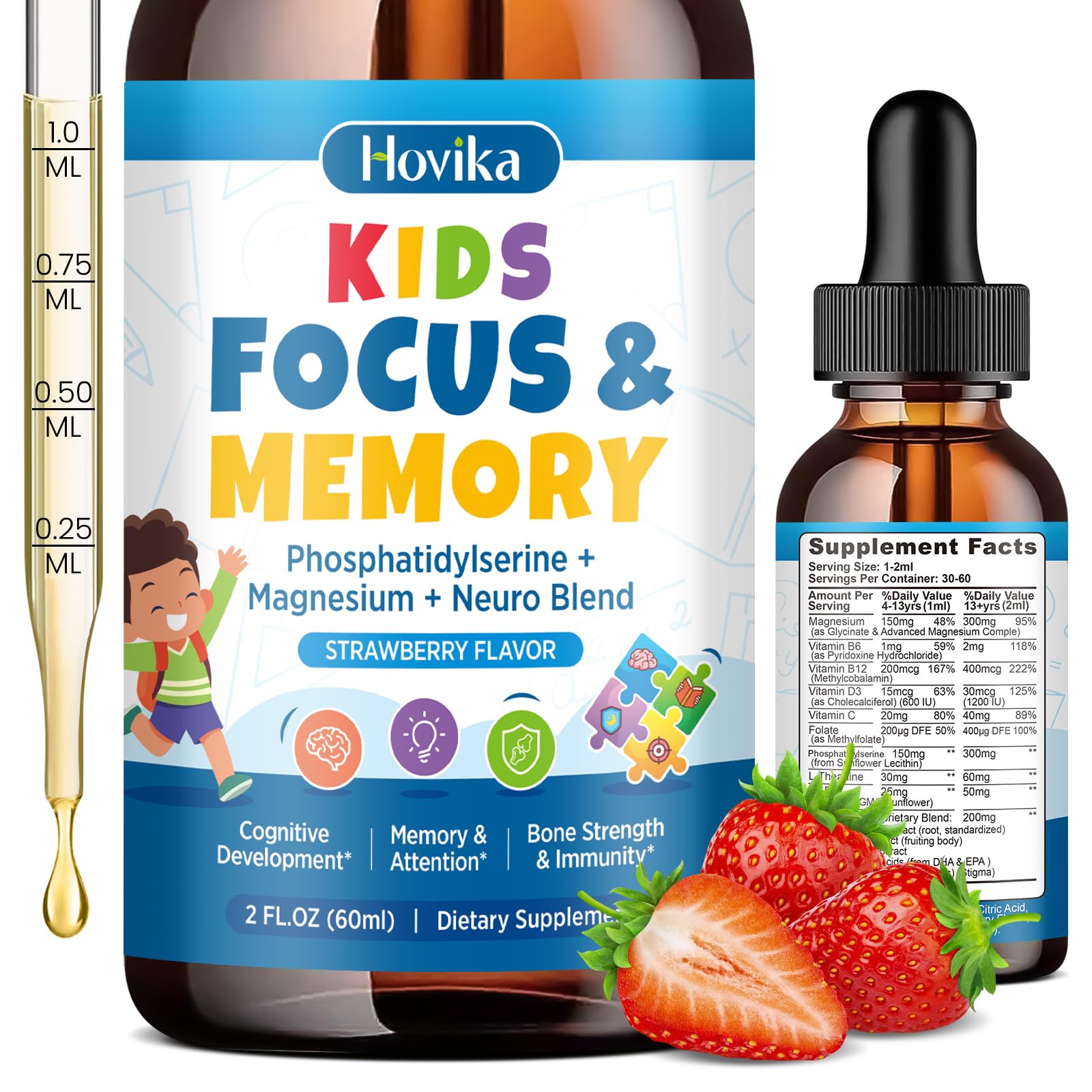 Hovika Focus Vitamins for Kids strawberry liquid drops front view
