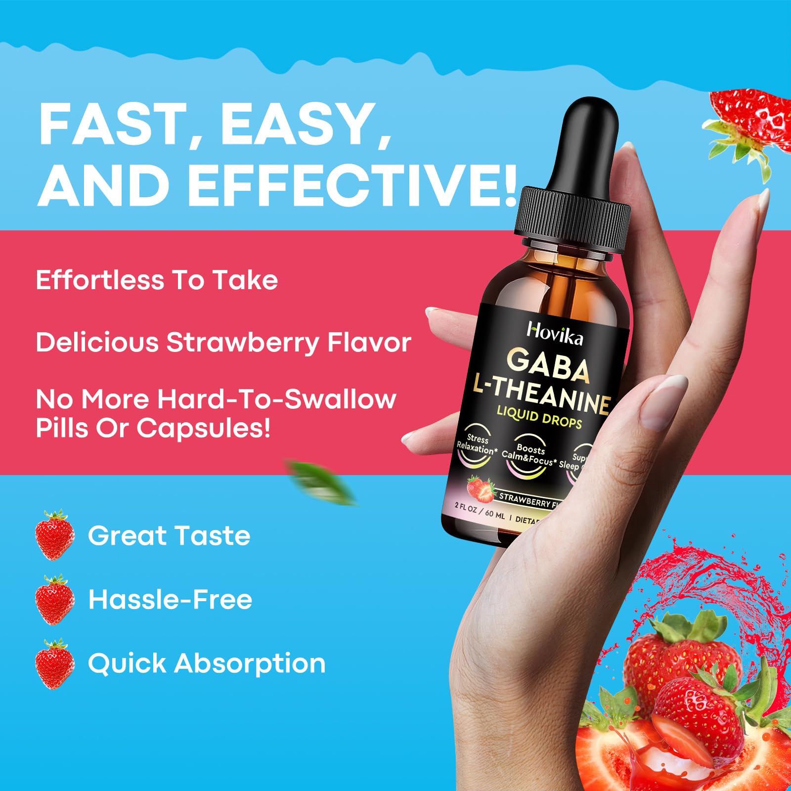 Hovika GABA L-Theanine liquid drops 150g strawberry flavour close-up