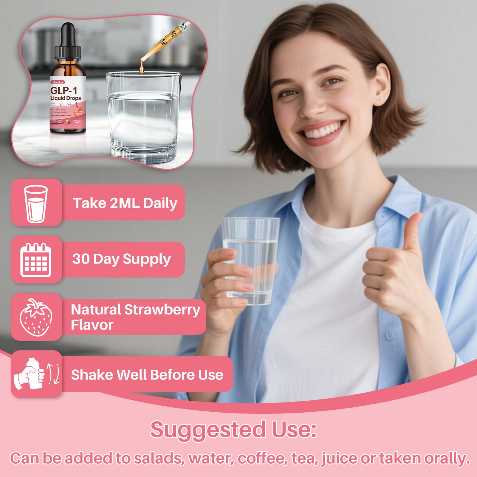 Hovika GLP-1 Liquid Drops 150g on a kitchen counter