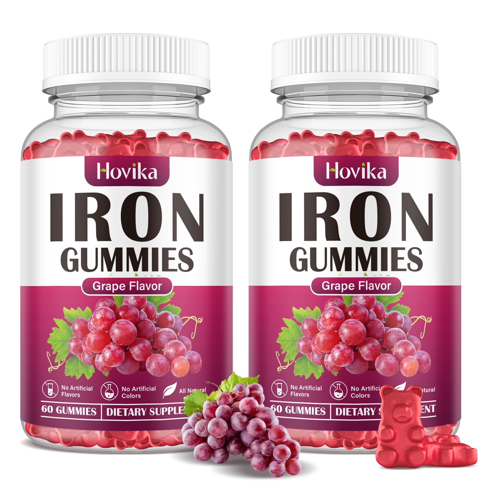 Hovika Iron Gummies bottle front view with natural grape flavour
