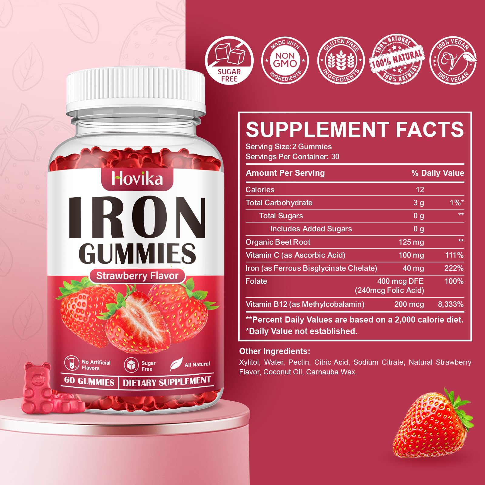 Hovika Iron Gummies displayed with fresh strawberries