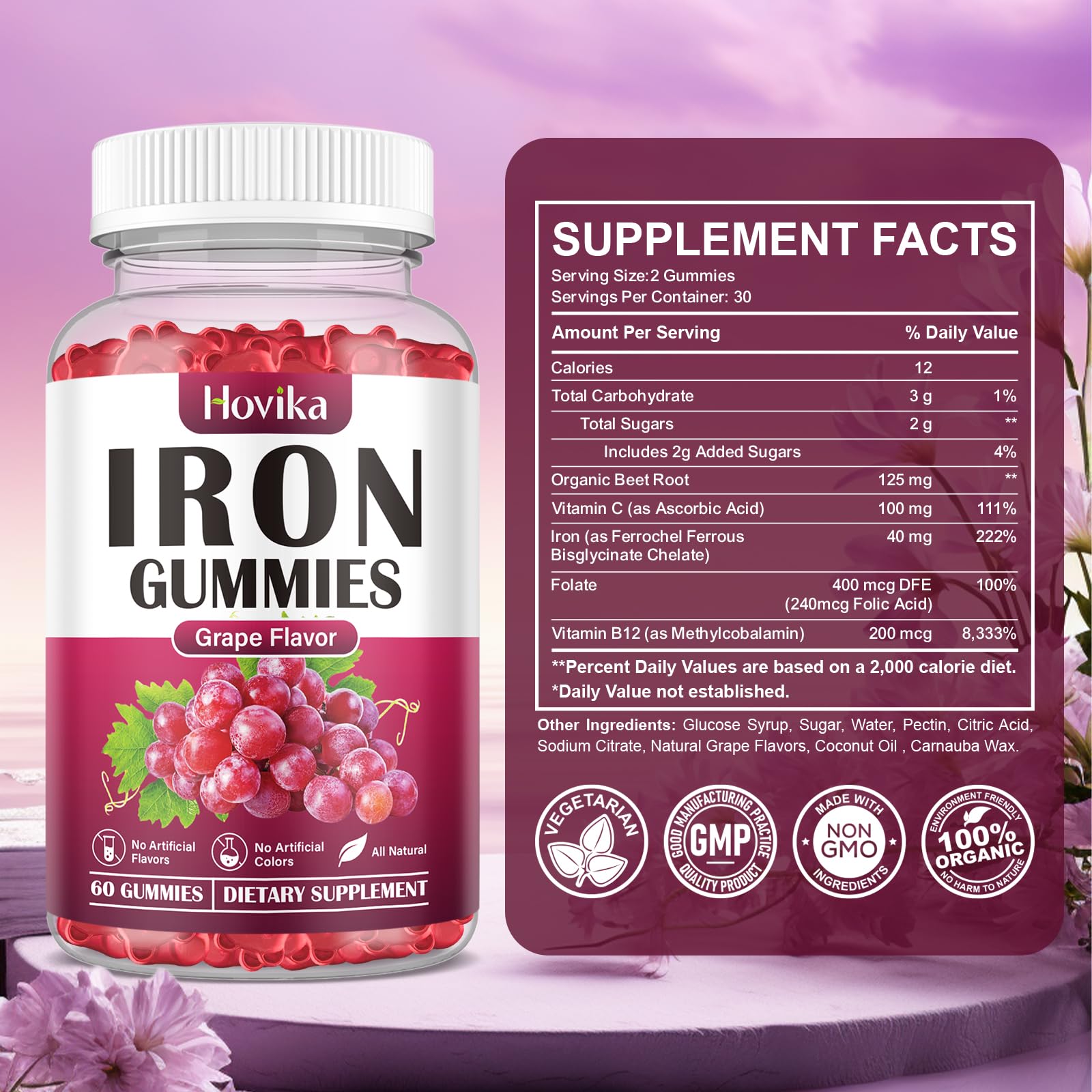 Hovika Iron Gummies packaging with dimensions