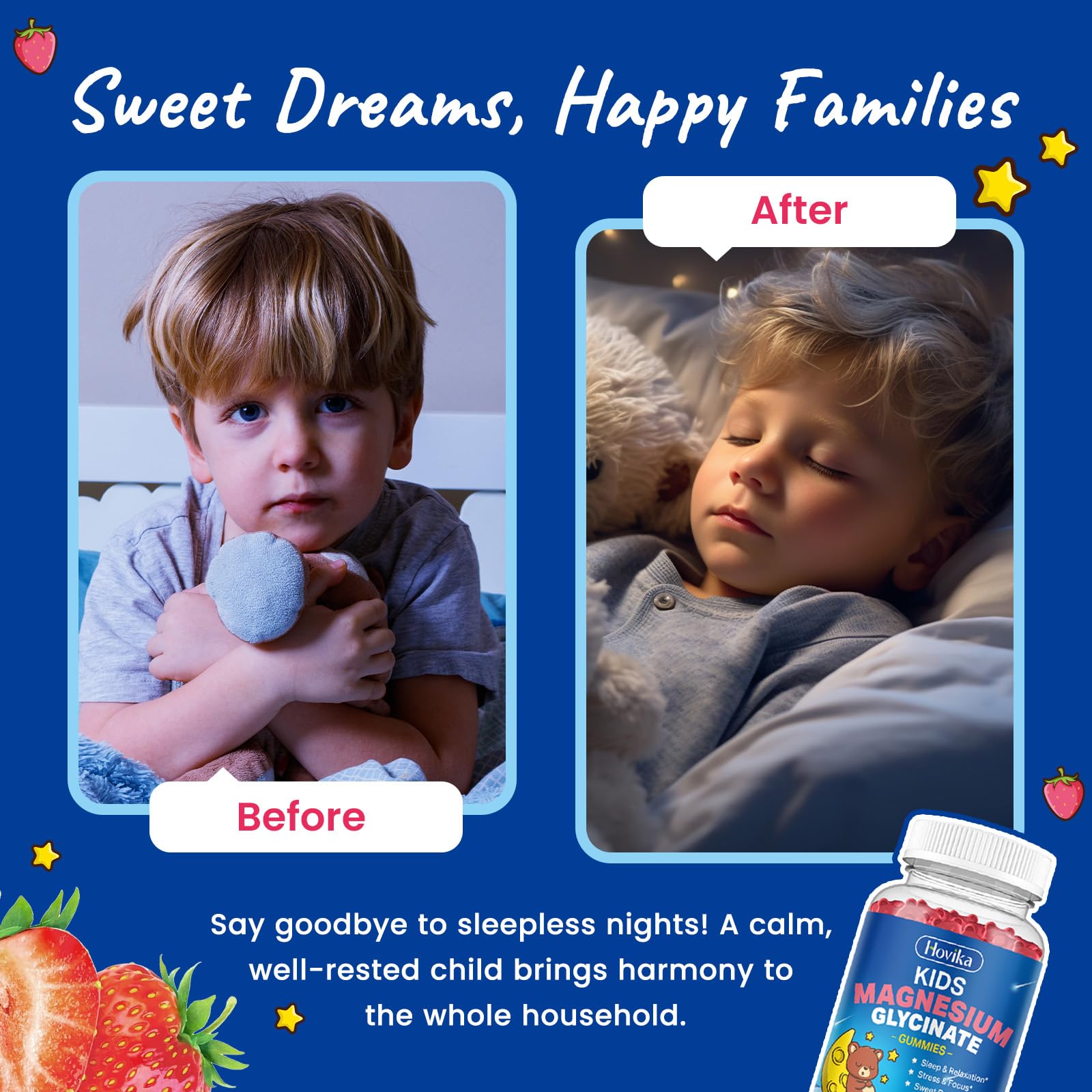 Hovika Kids Magnesium Glycinate Gummies bottle with strawberry gummies