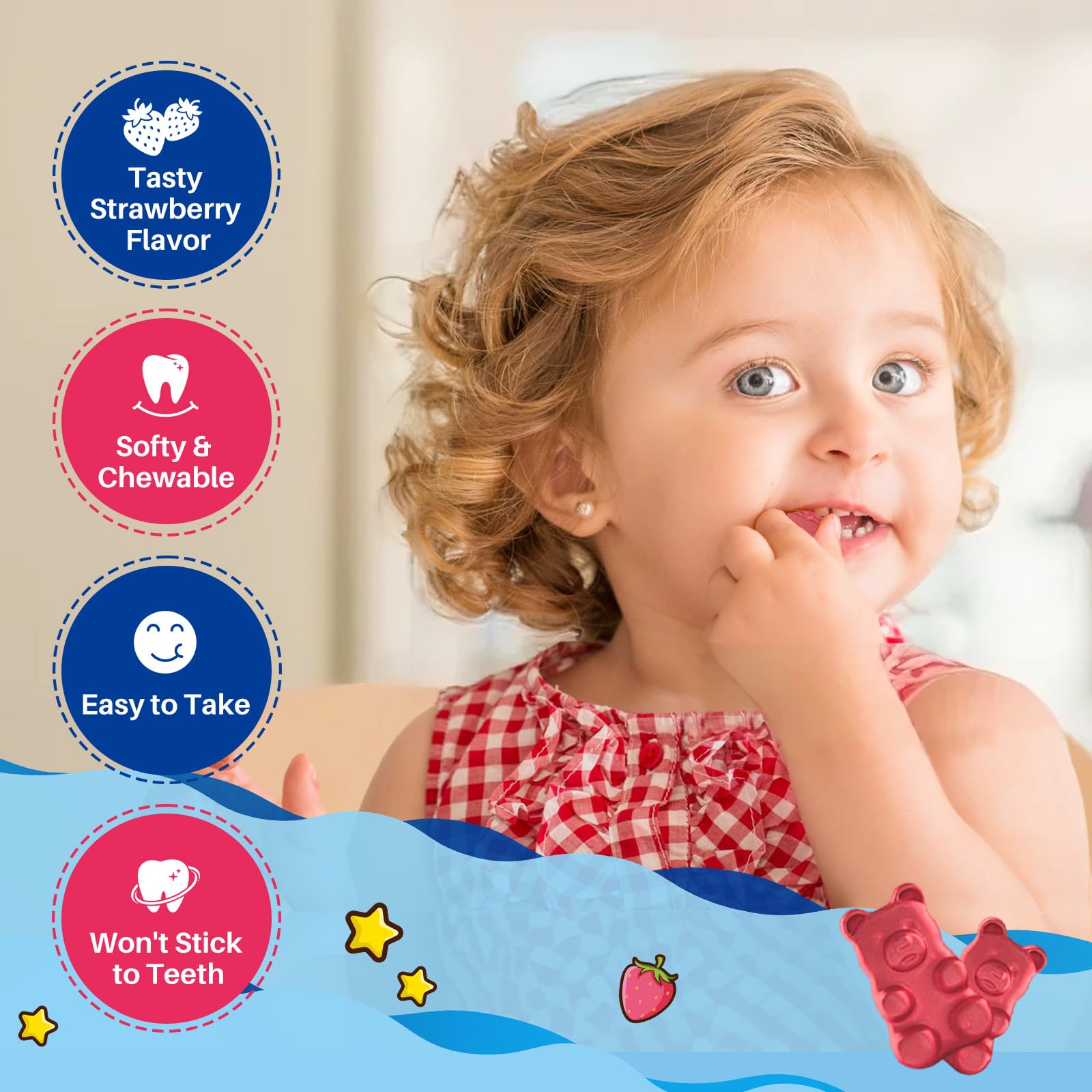 Hovika Kids Magnesium Glycinate Gummies in a bowl with fresh strawberries