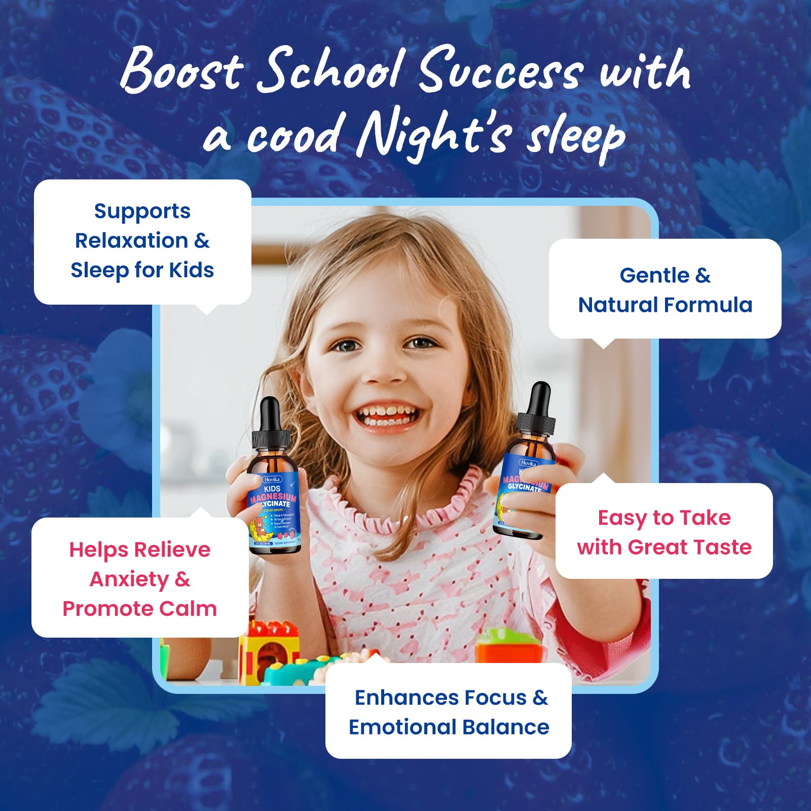 Hovika Kids Magnesium Glycinate Liquid Drops bottle with strawberry flavour