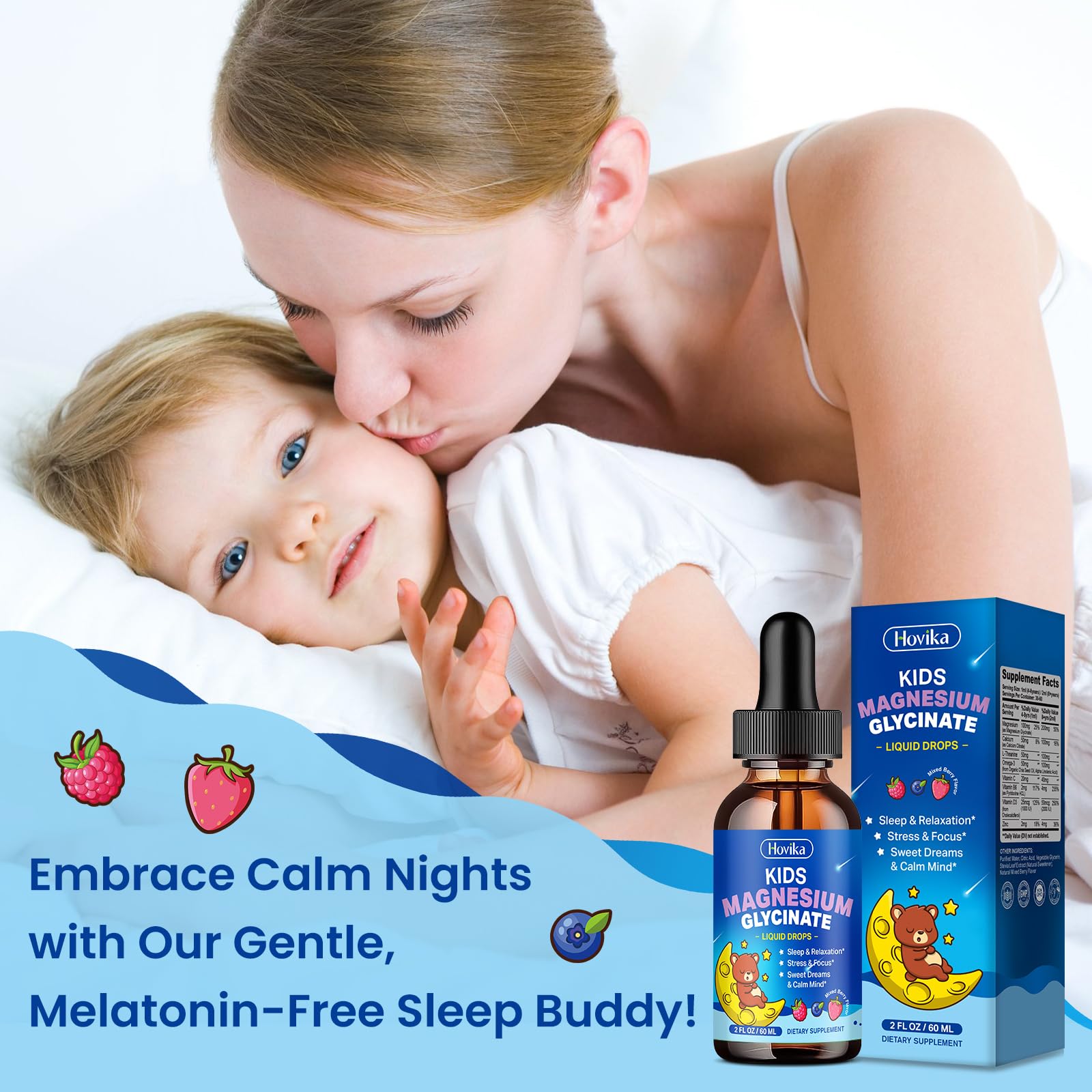 Hovika Kids Magnesium Glycinate Liquid Drops on a table with juice