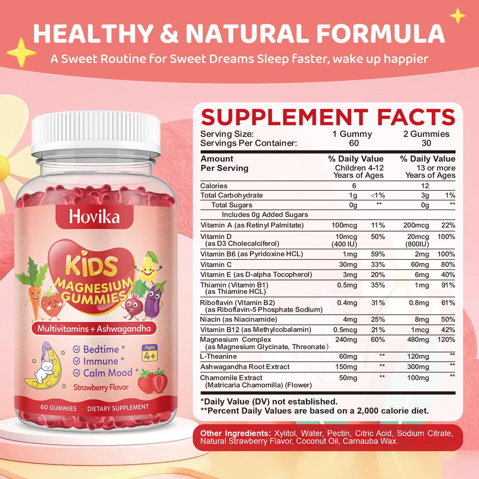 Hovika Kids Magnesium Gummies 215g packaging on a kitchen counter