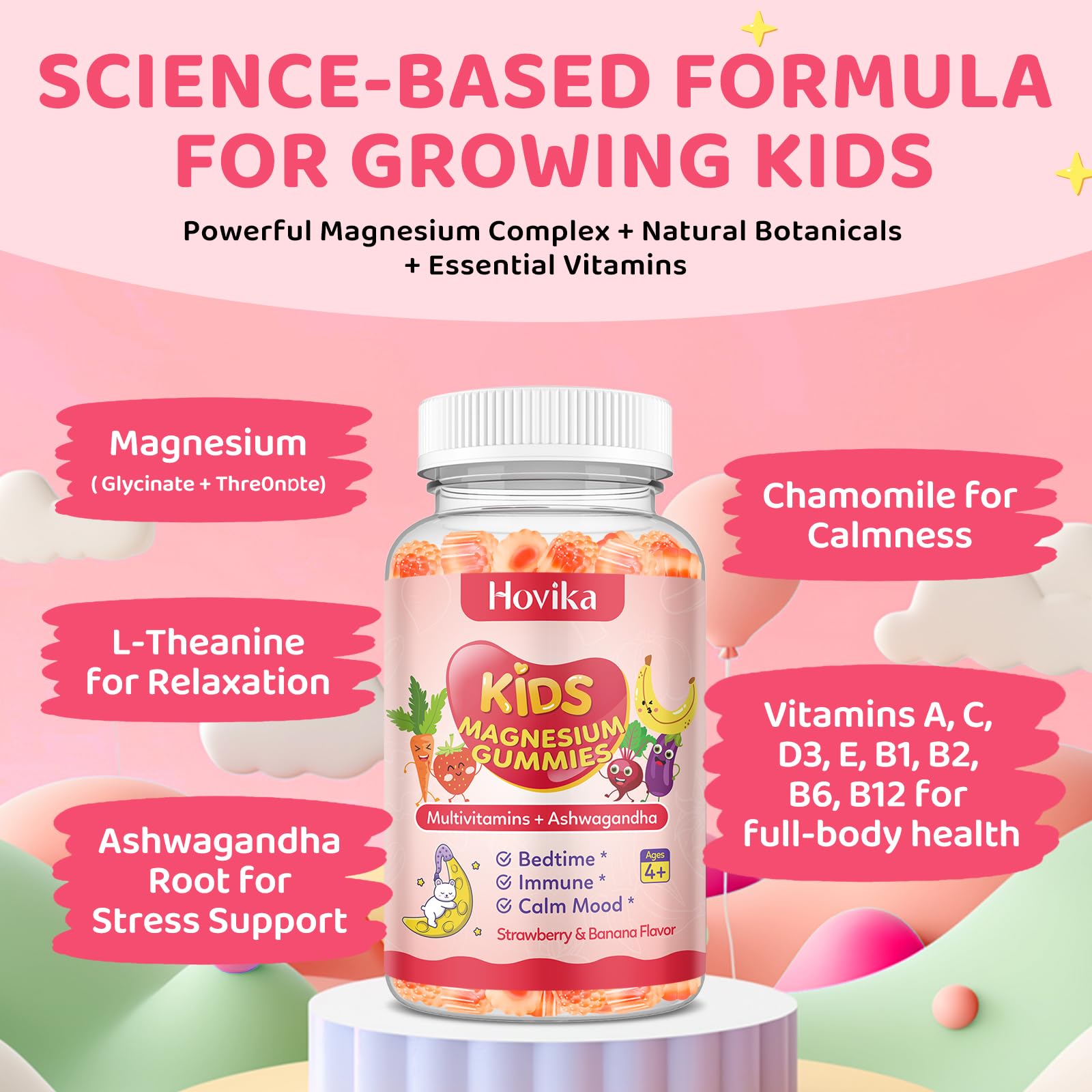 Hovika Kids Magnesium Gummies strawberry-banana flavour close-up