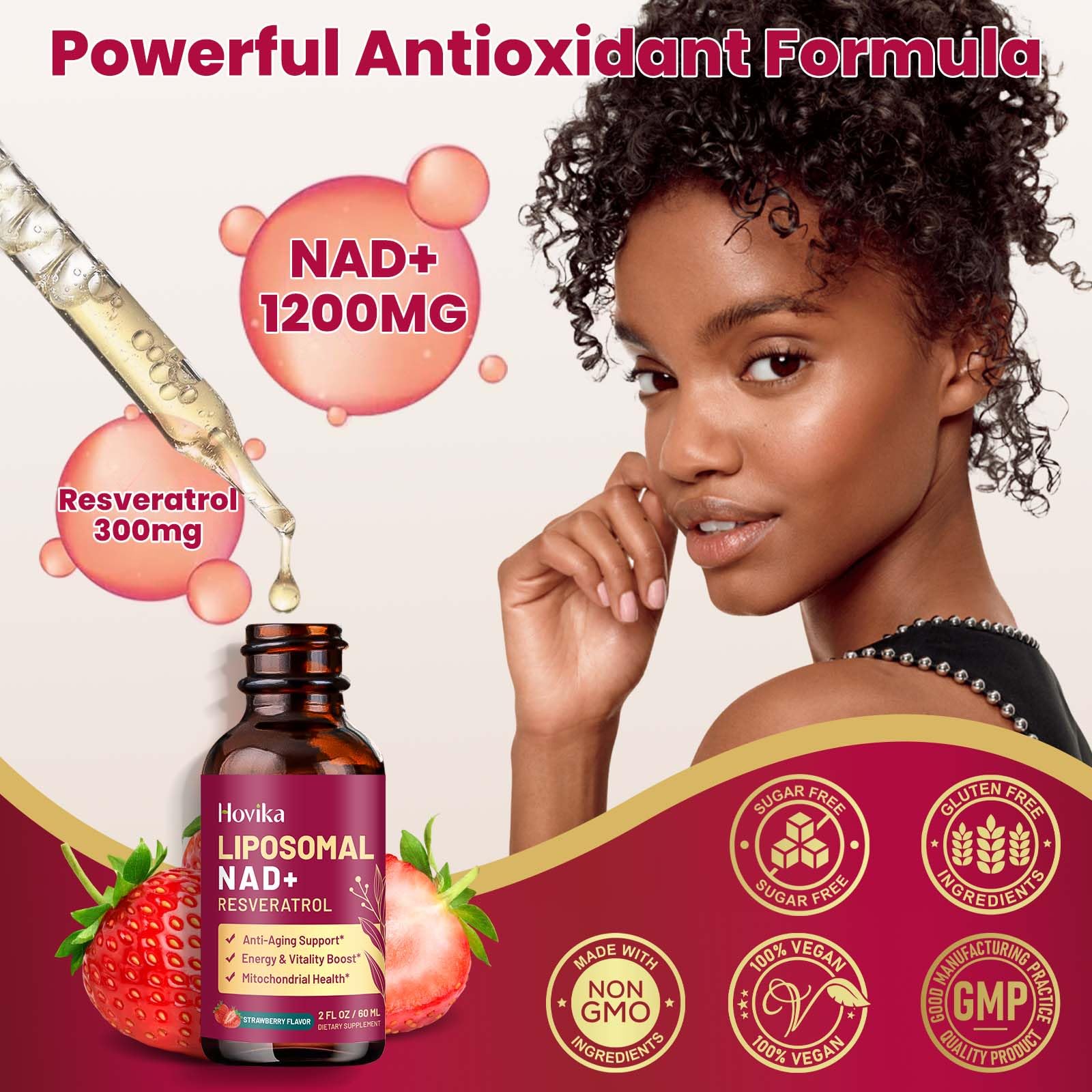 Hovika Liposomal NAD+ Supplement bottle with droppers