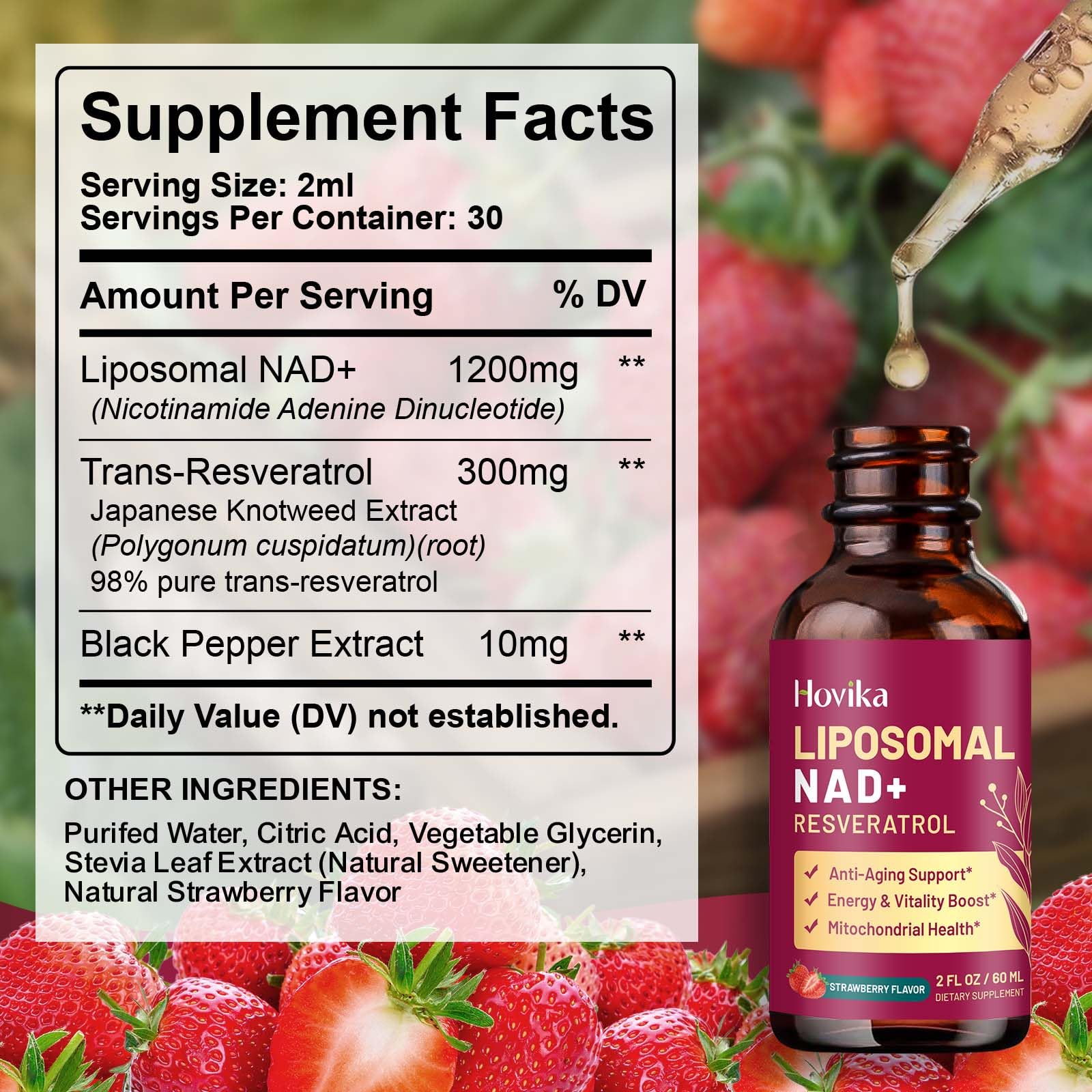 Hovika Liposomal NAD+ Supplement strawberry flavour bottle