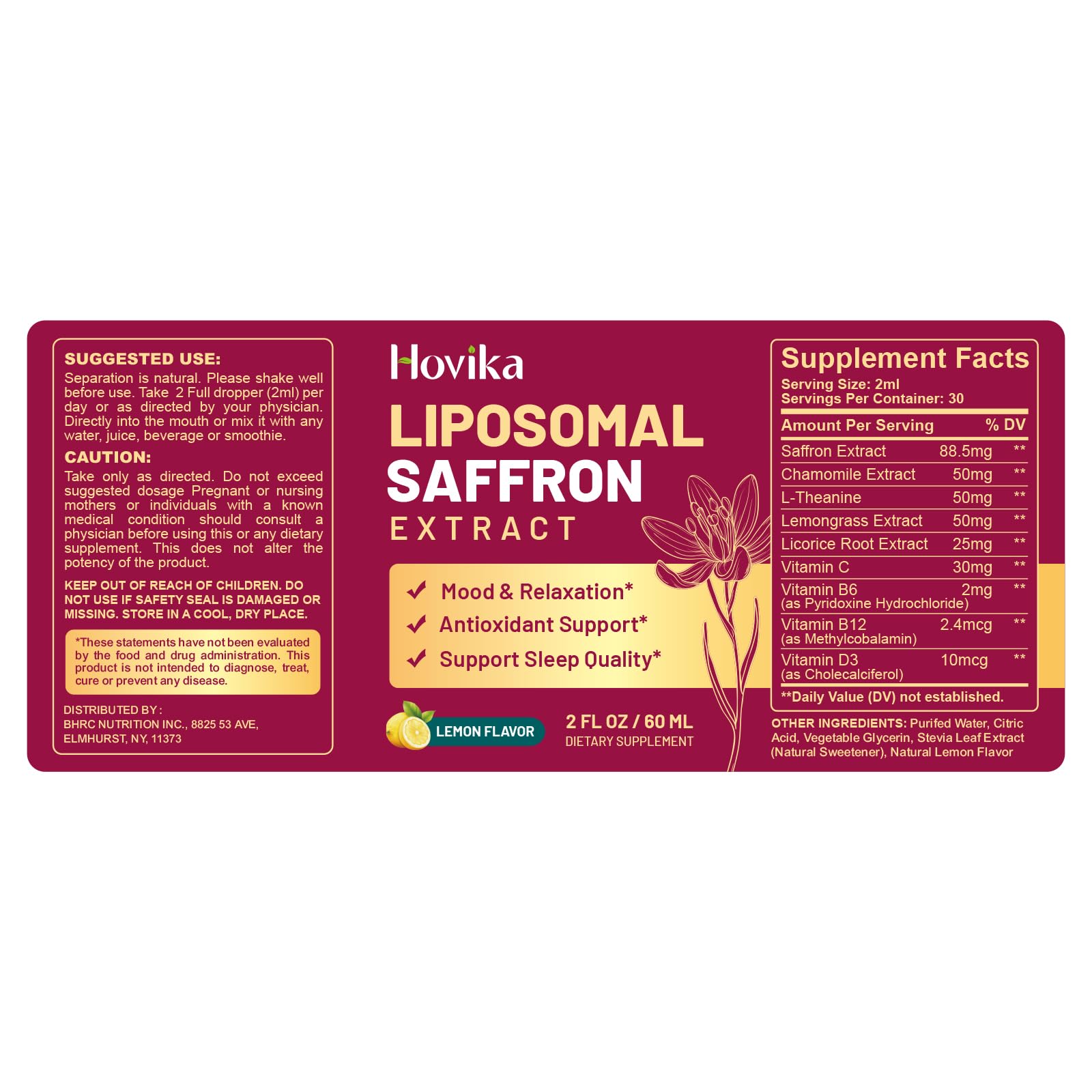 Hovika Liposomal Saffron Extract Supplement bottle close-up