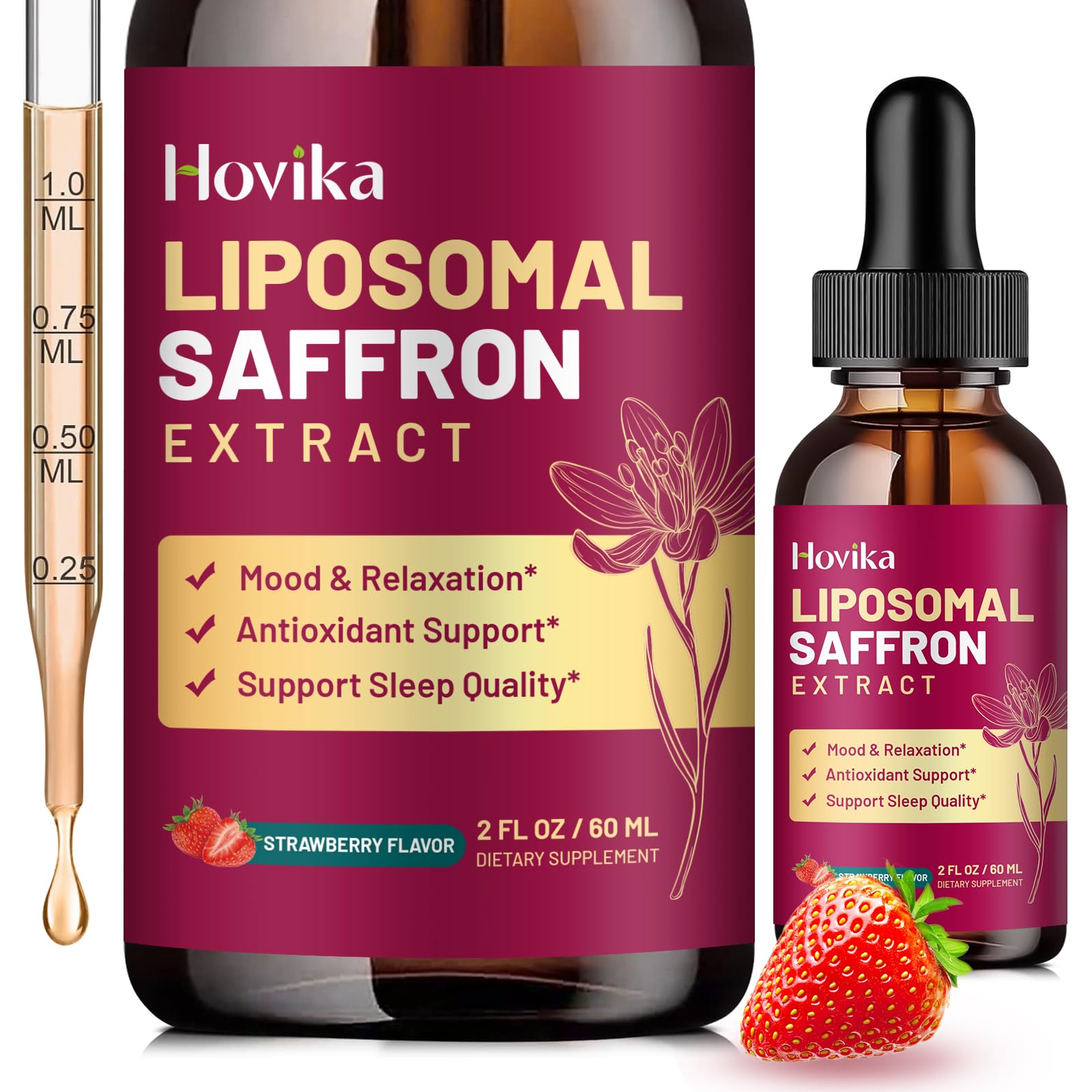 Hovika Liposomal Saffron Liquid Supplement front view with dropper