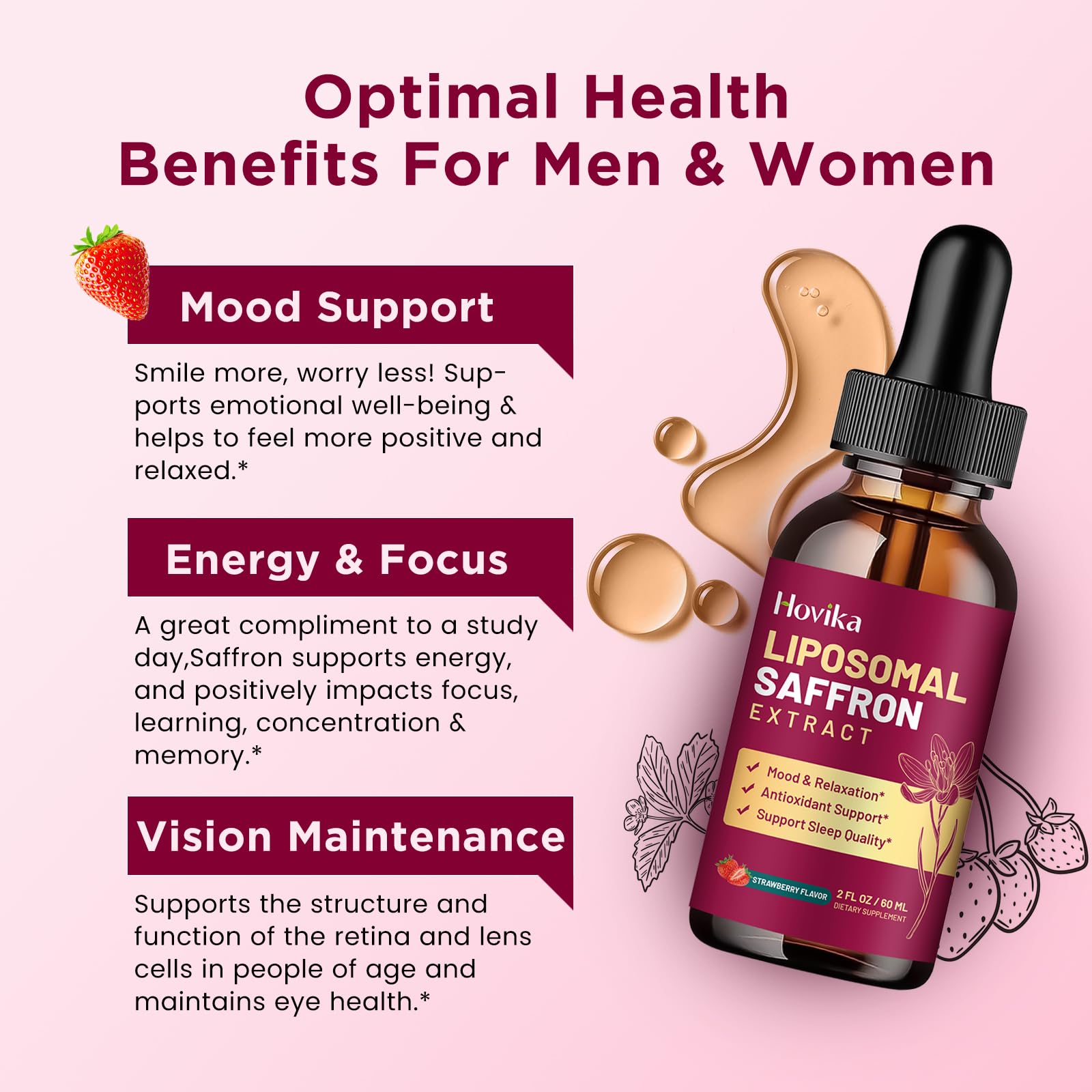 Hovika Liposomal Saffron Liquid Supplement with strawberry flavour description