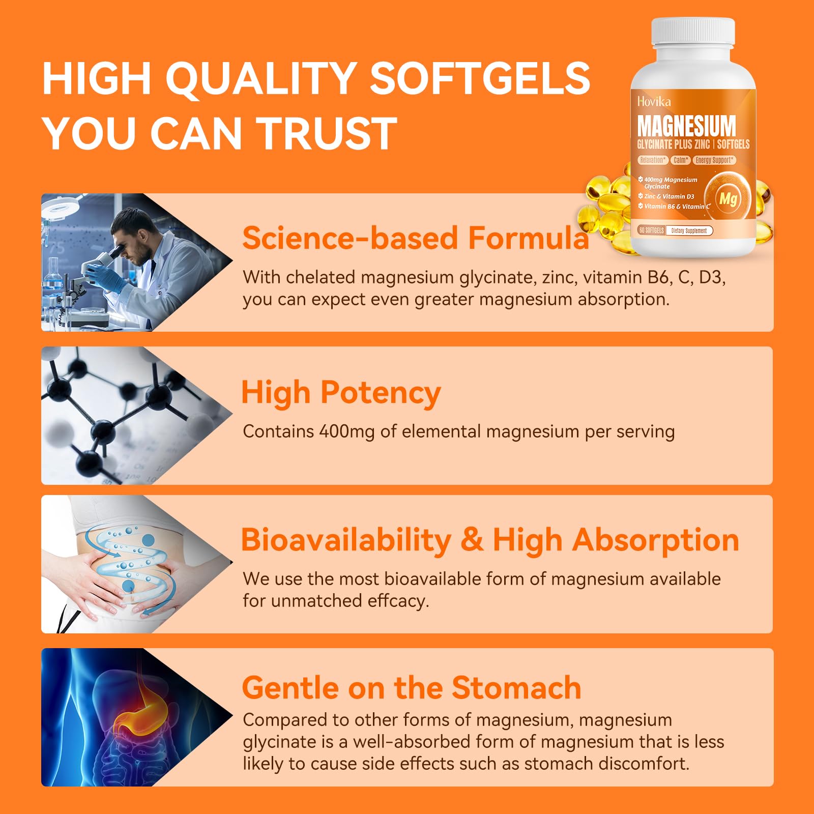 Hovika Magnesium Glycinate Supplement 400mg softgels on a wooden table