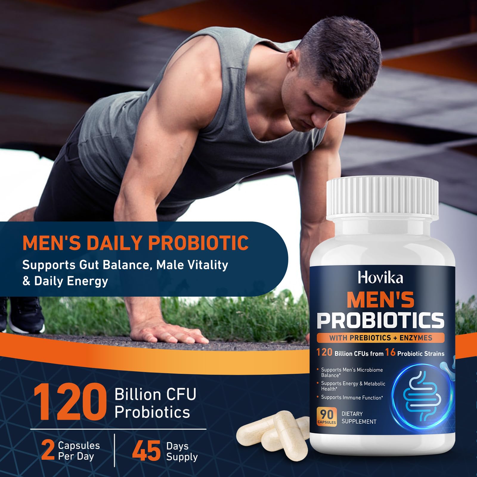 Hovika Probiotics for Men capsules on a wooden surface