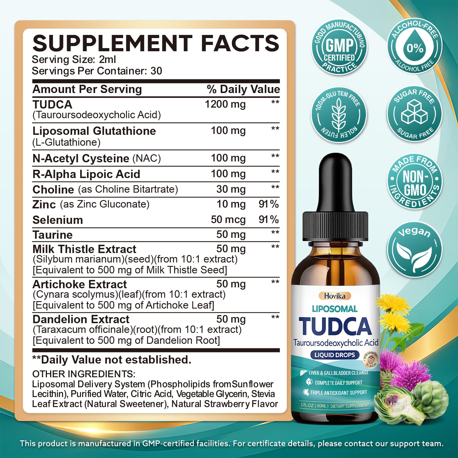Hovika TUDCA Liquid Drops 1200mg bottle side view