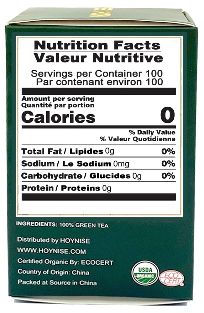 HOYNISE Organic Green Tea packaging with natural leaves