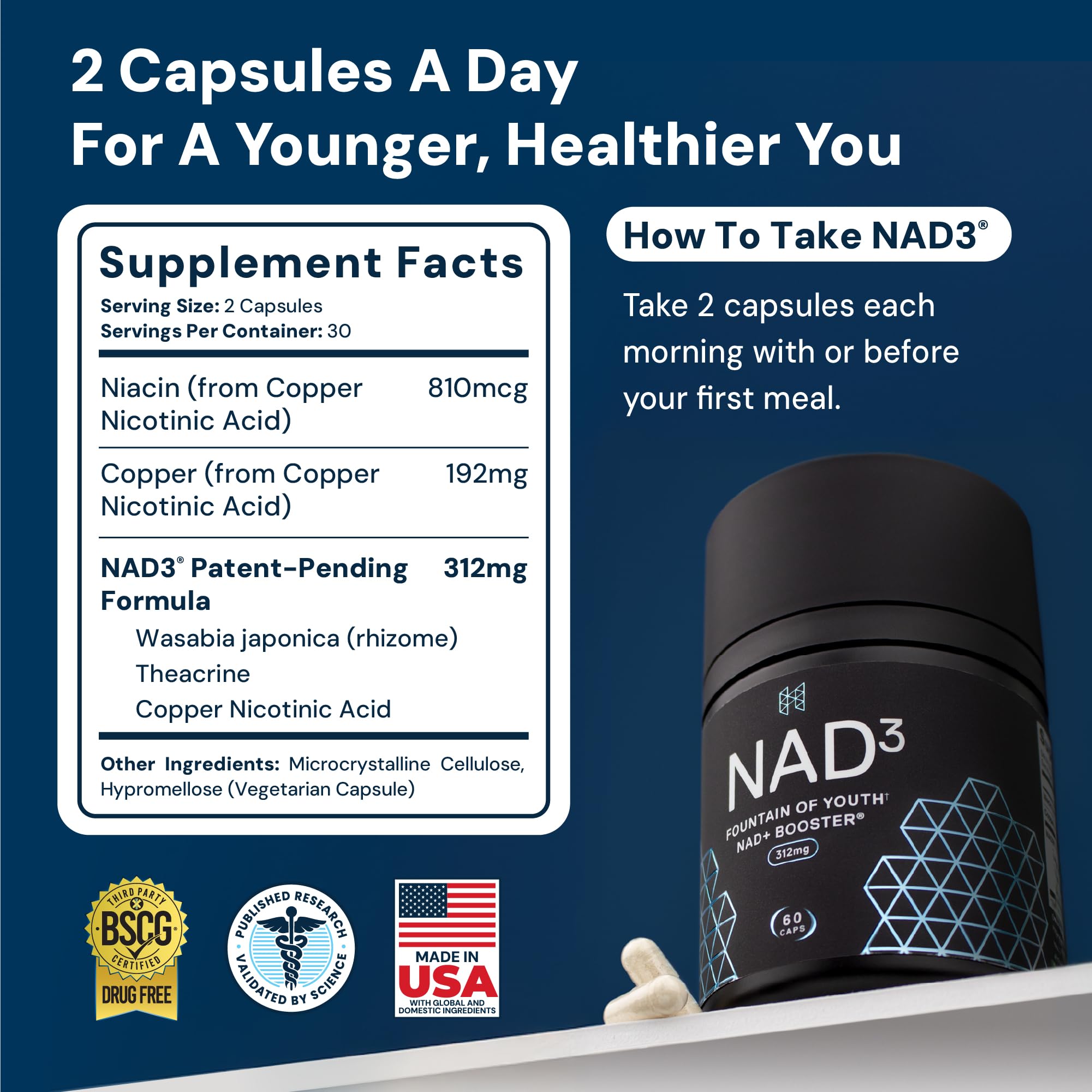 HPN NAD(3) supplement bottle back view with ingredients