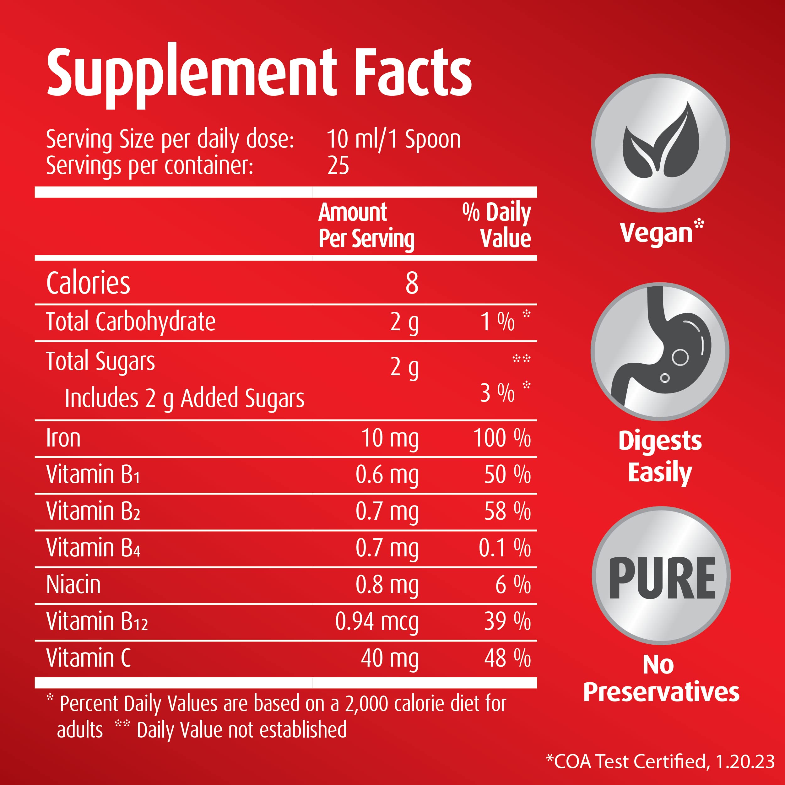 hübner Liquid Iron Supplement 572g packaging with dosage instructions