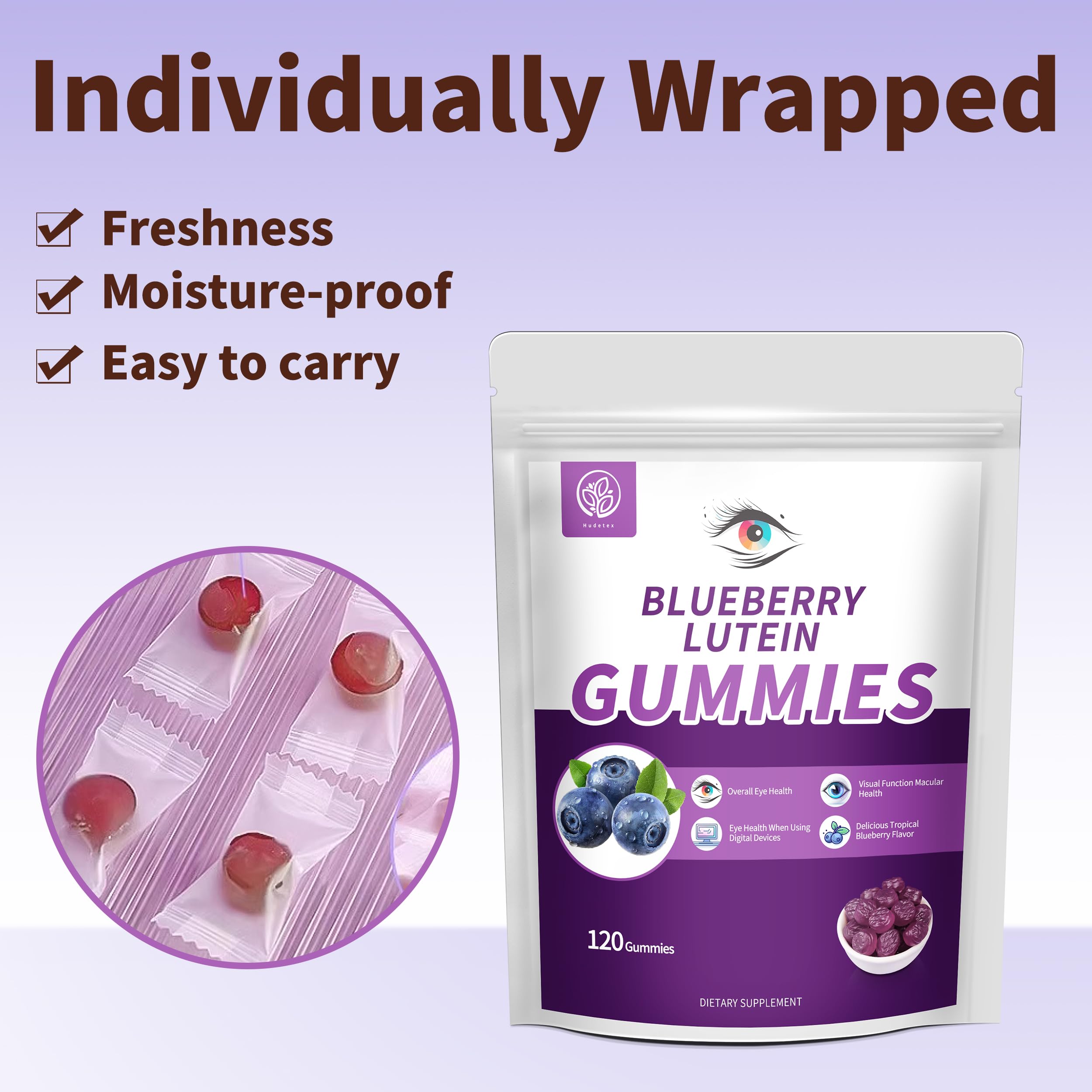 Hudetex Blueberry Lutein Gummies in a bowl
