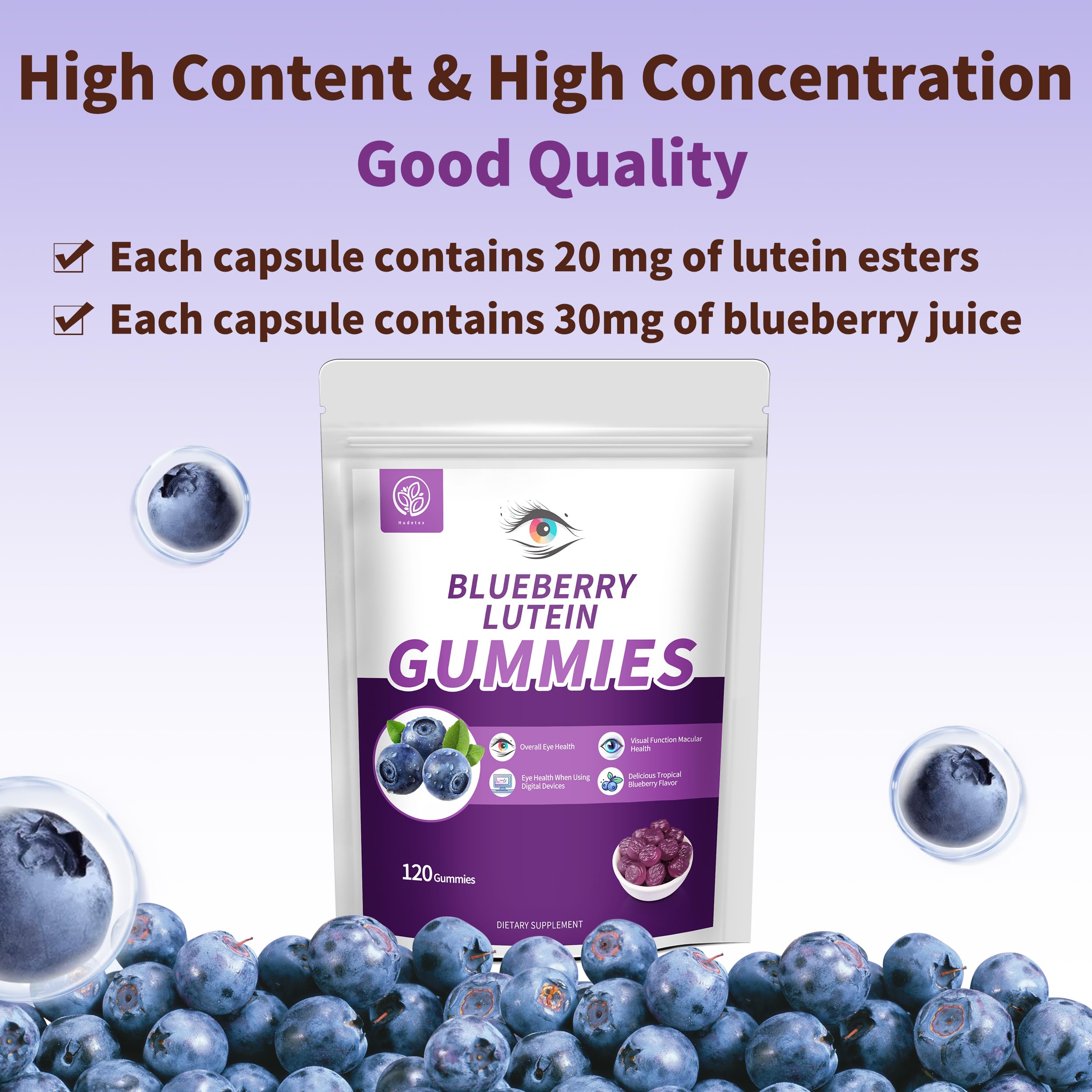 Hudetex Blueberry Lutein Gummies with fresh blueberries